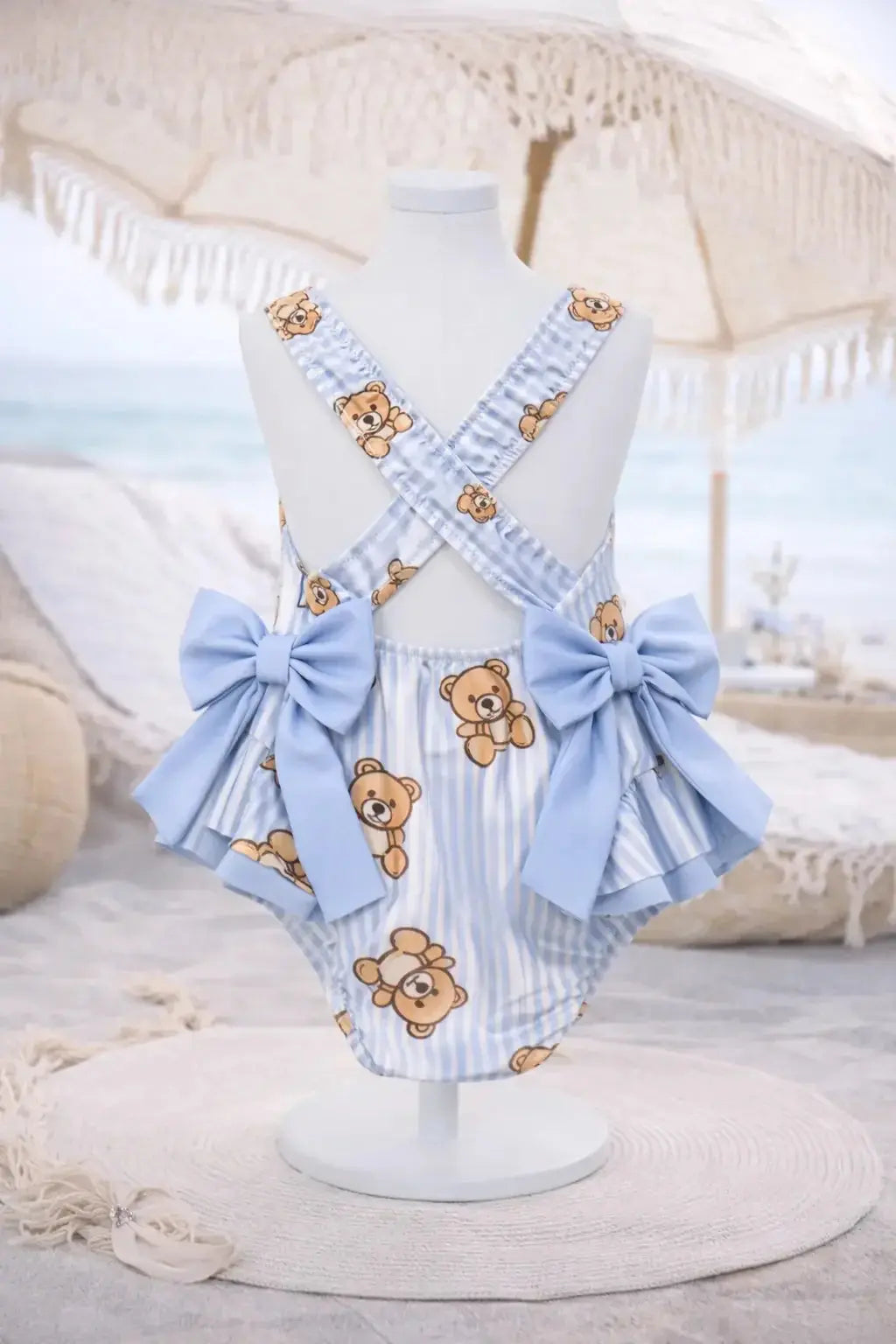 Girls Summer Blue Bear Frilly Bow Swimming Costume Dainty Delilah