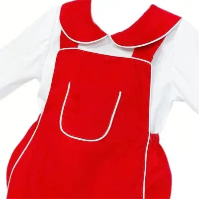 Red toddler overalls with white piping and matching white long-sleeve shirt featuring a Peter Pan collar
