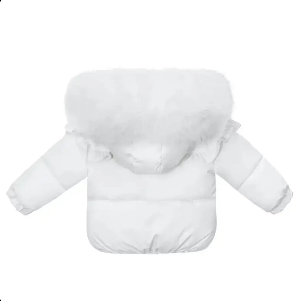 White puffer jacket with fluffy fur hood and ruffle details on sleeves, winter outerwear