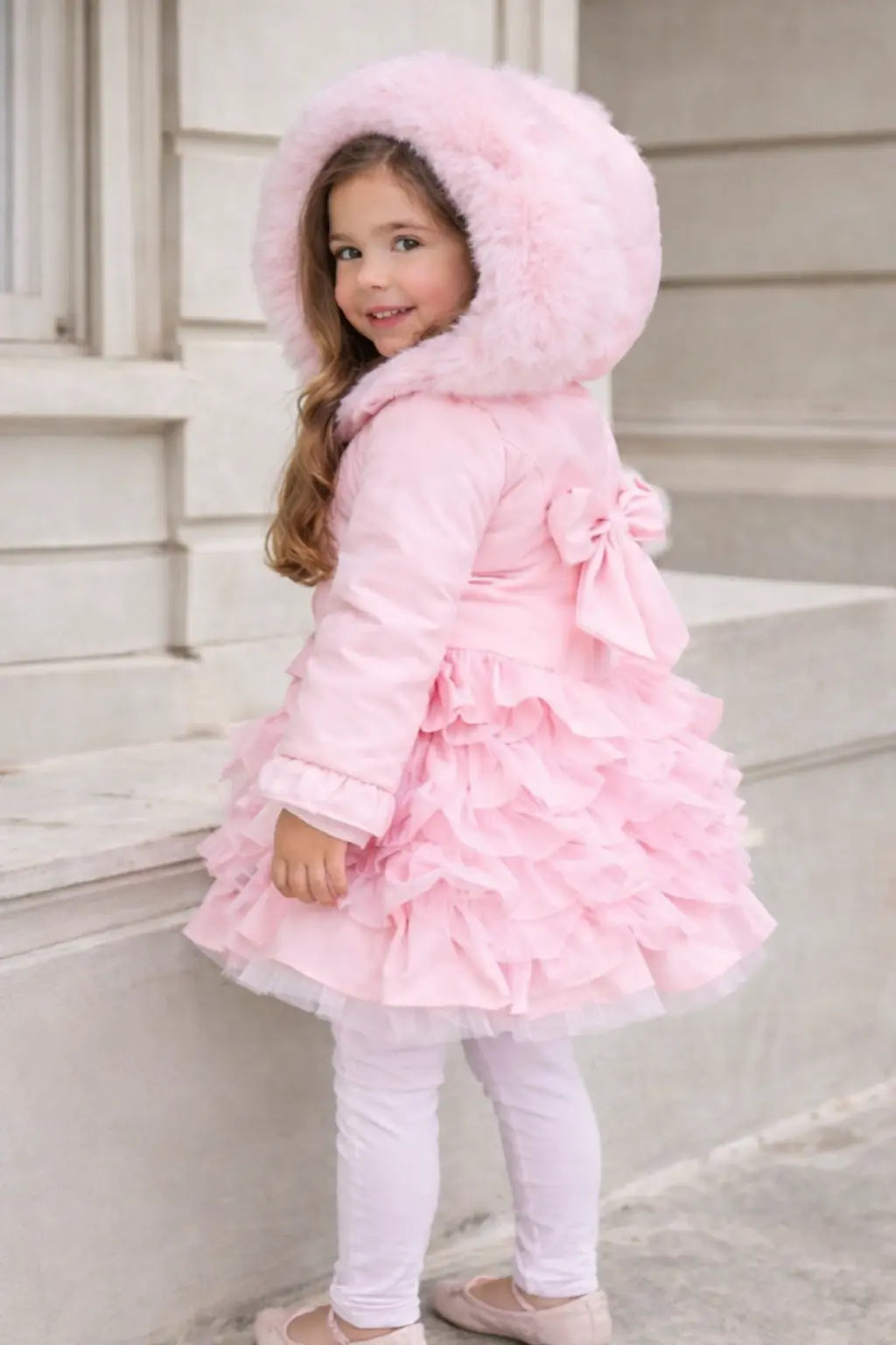 Girls Pink Bow Frilly Coat Dainty Delilah
