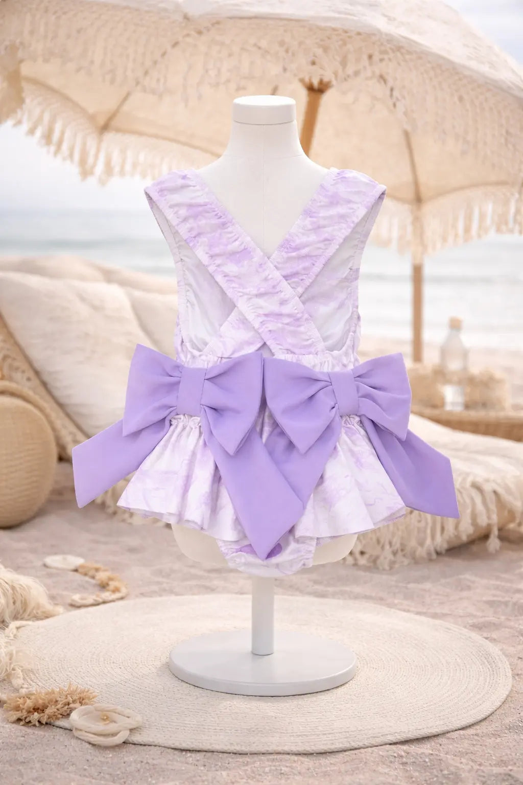 Girls Summer Lilac Toile Frilly Bow Swimming Costume Dainty Delilah