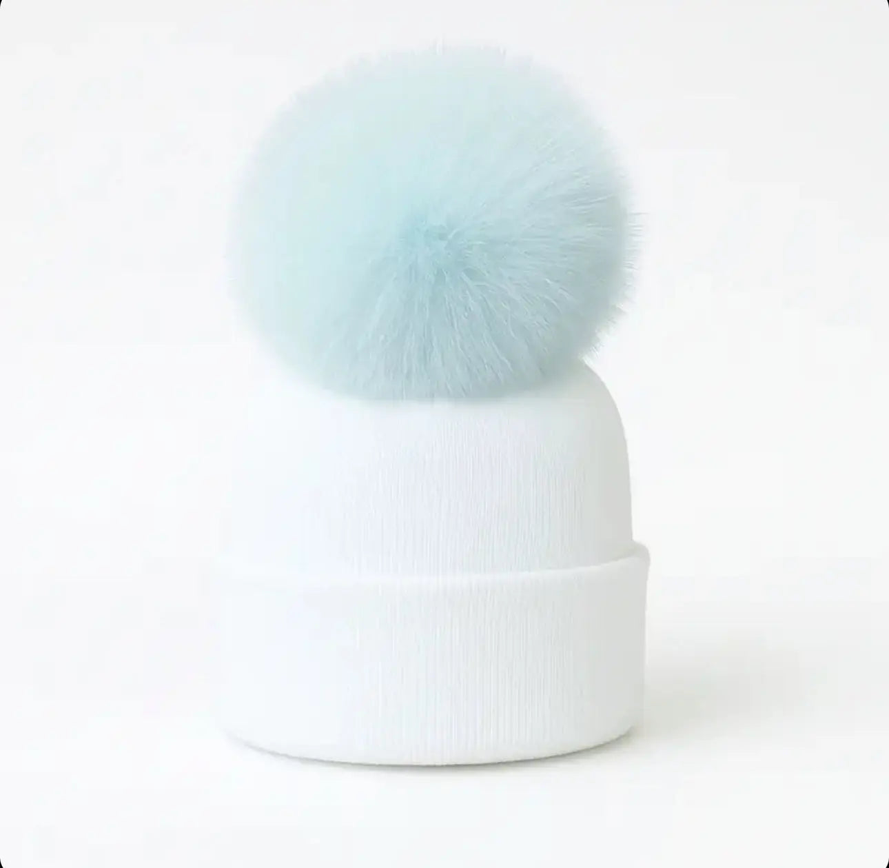 Baby Blue Single Pompom Fur Unisex Hat Dainty Delilah