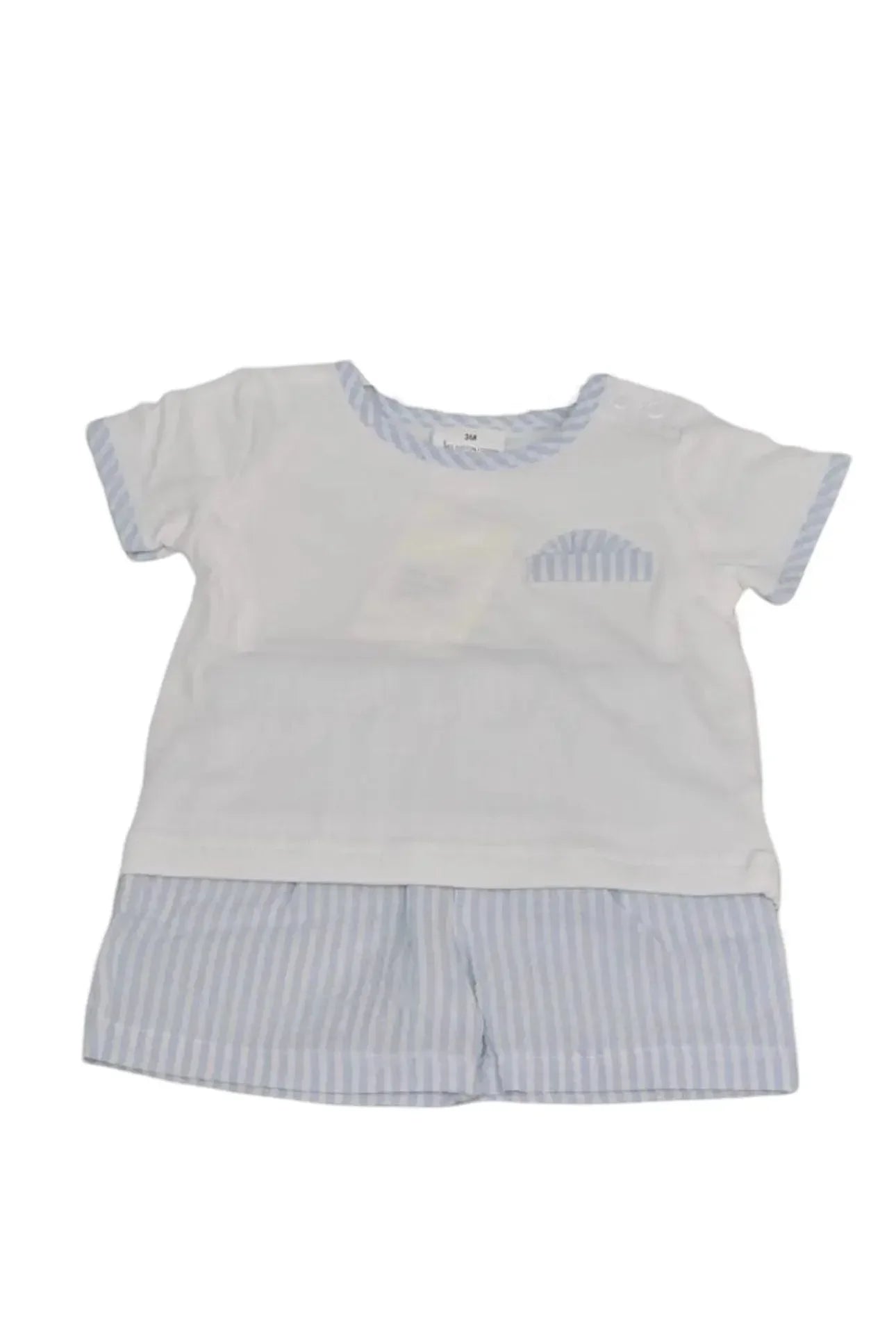 White baby romper with light blue striped trim and matching shorts