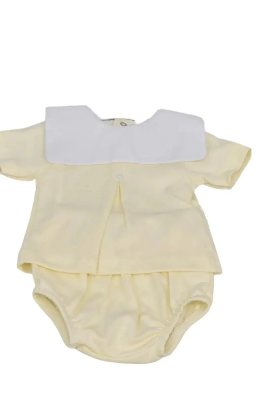 Yellow baby romper with white wide collar and short sleeves outfit