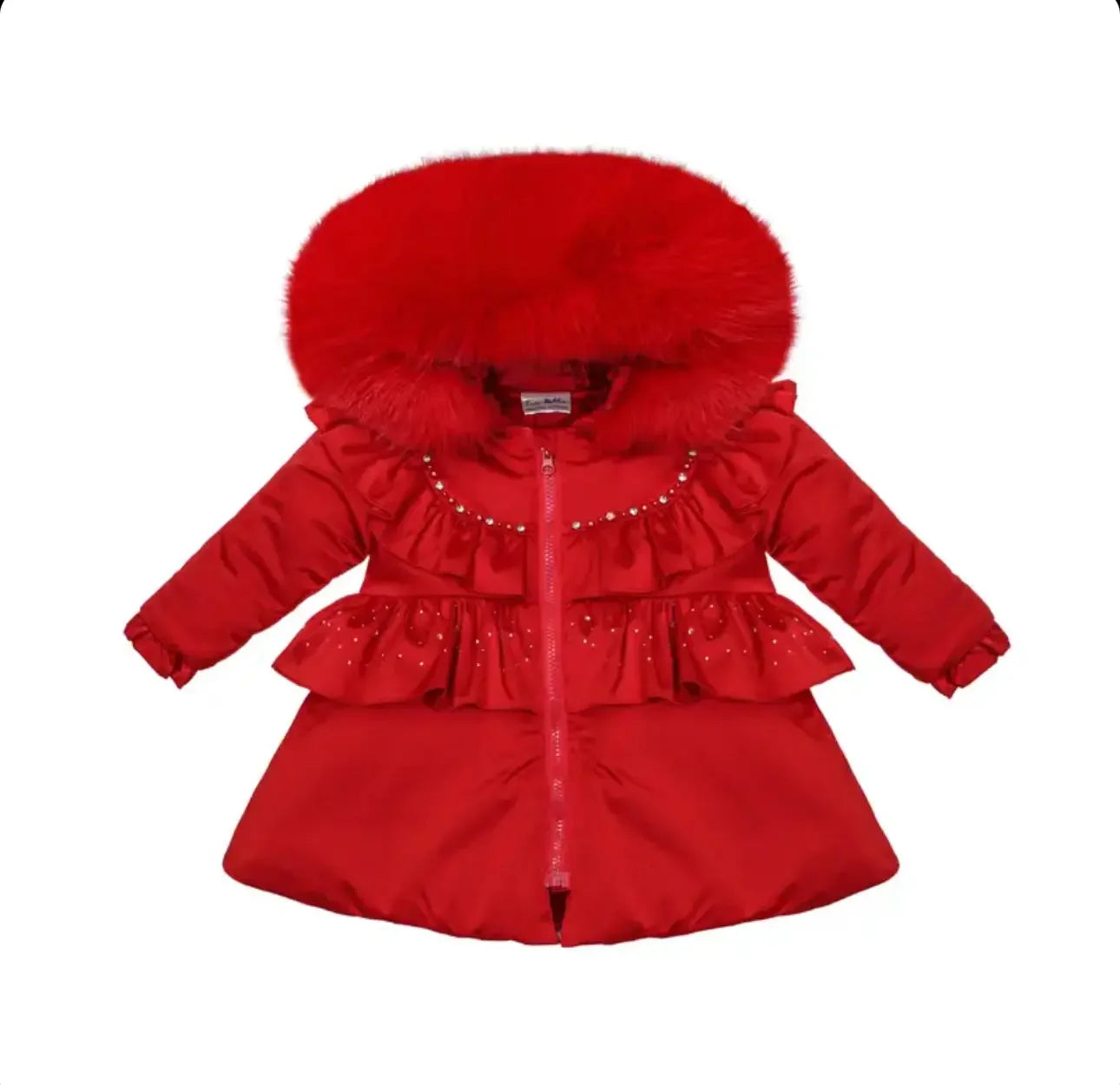 Red baby winter coat with faux fur hood, ruffles, and decorative beads on front