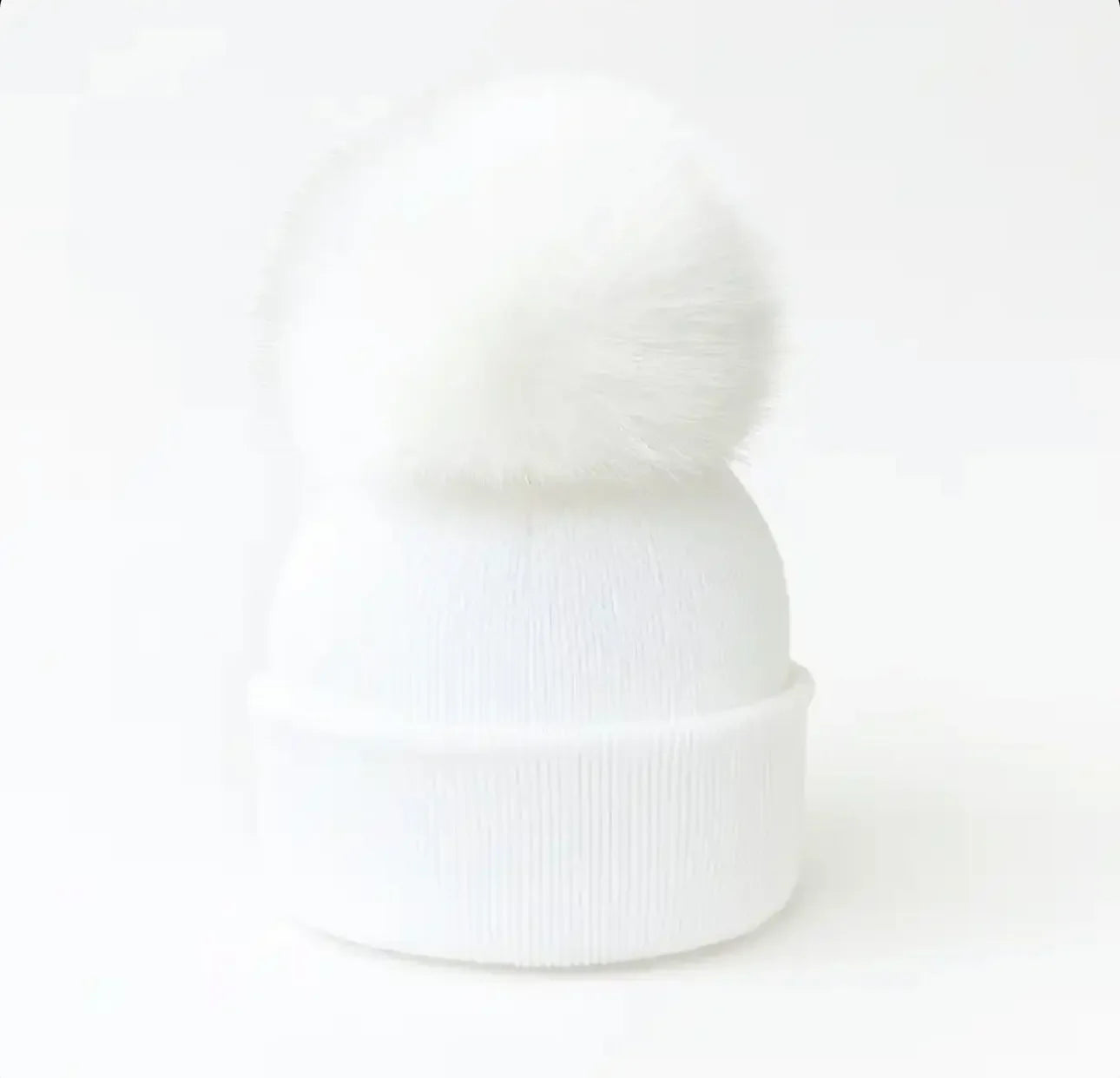 White Single Pompom Fur Unisex Hat Dainty Delilah