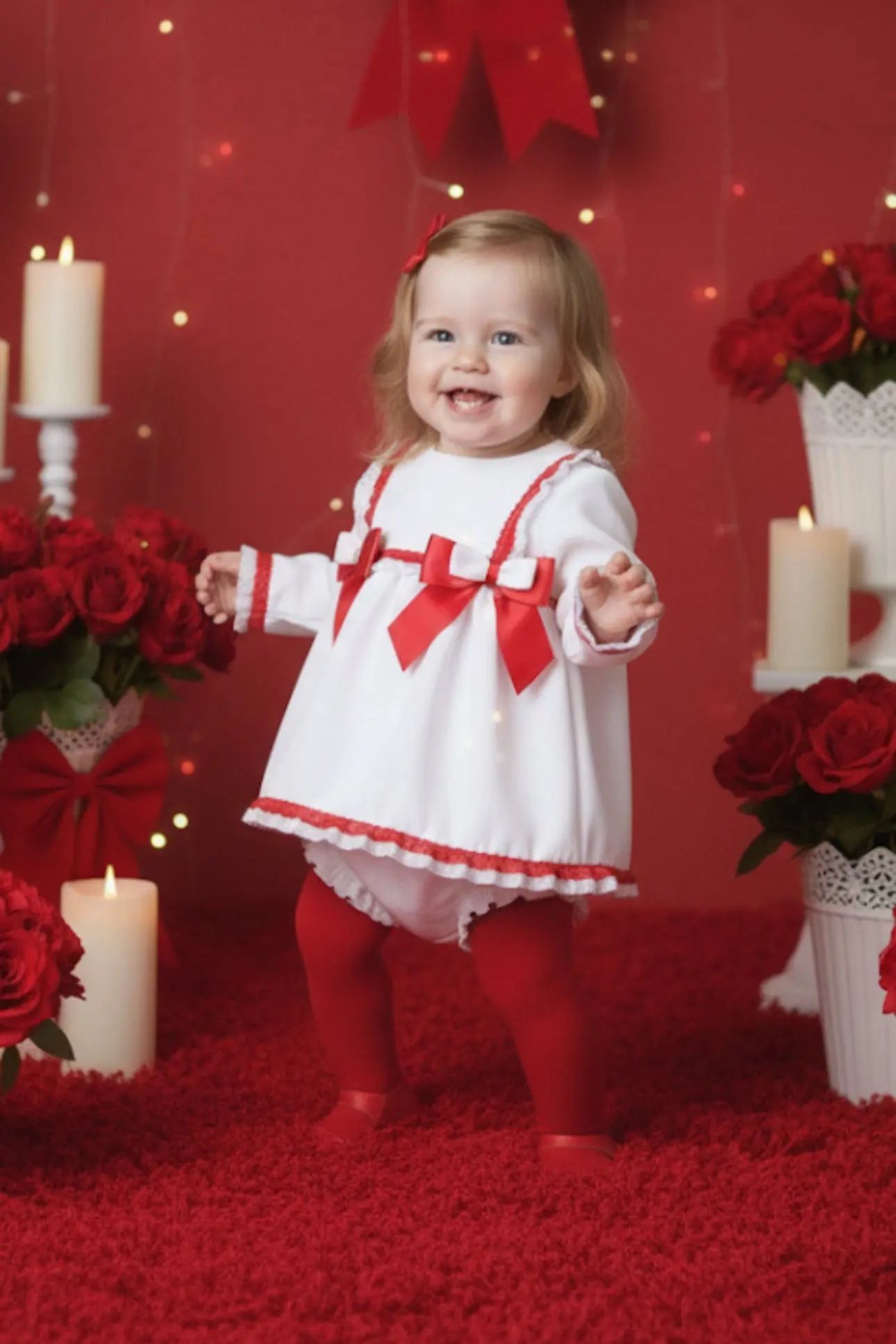 Baby Girls White & Red Ribbon Dress & Knickers Dainty Delilah