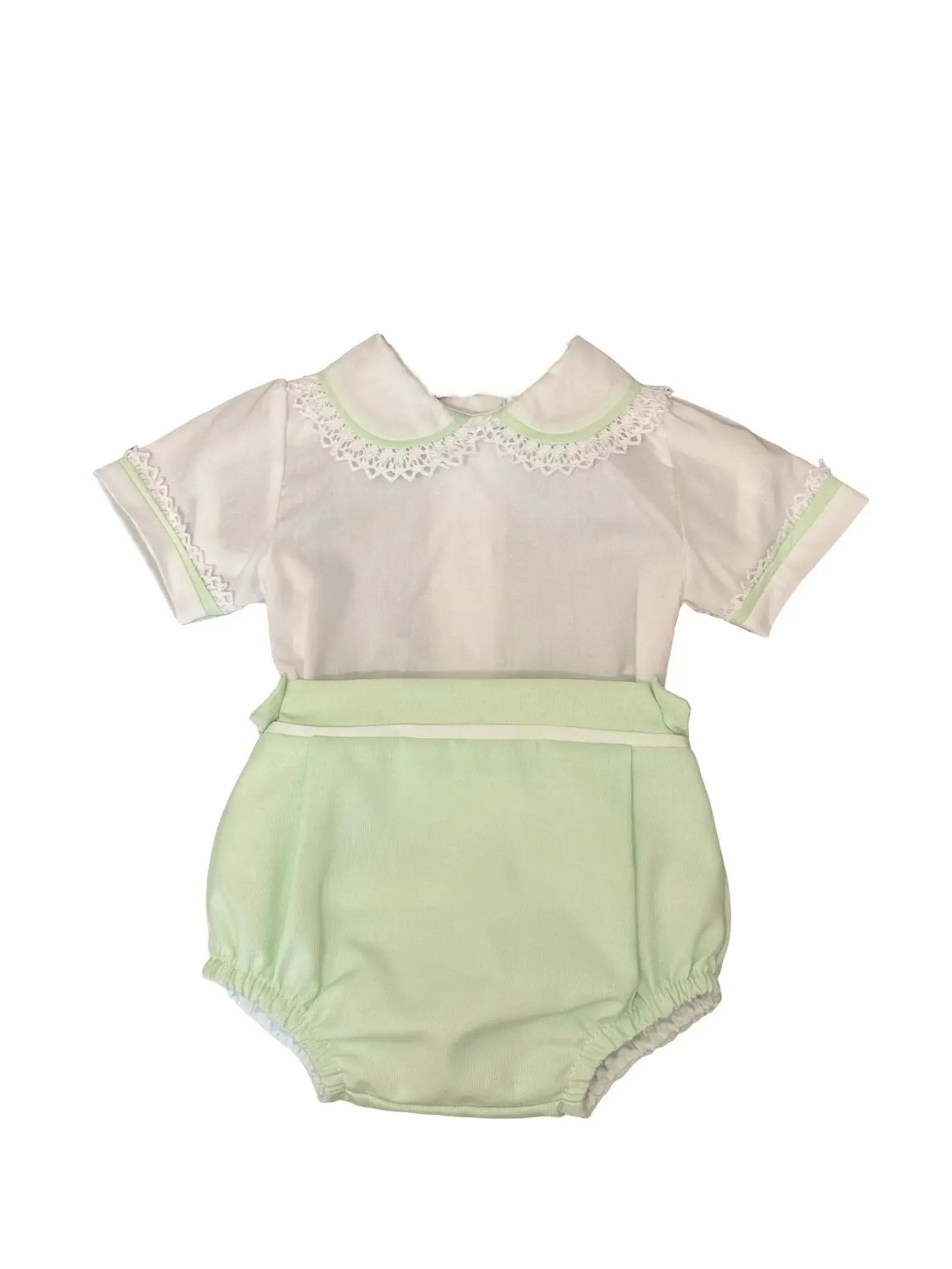 Baby romper with white lace collar and light green bottom with elastic leg openings