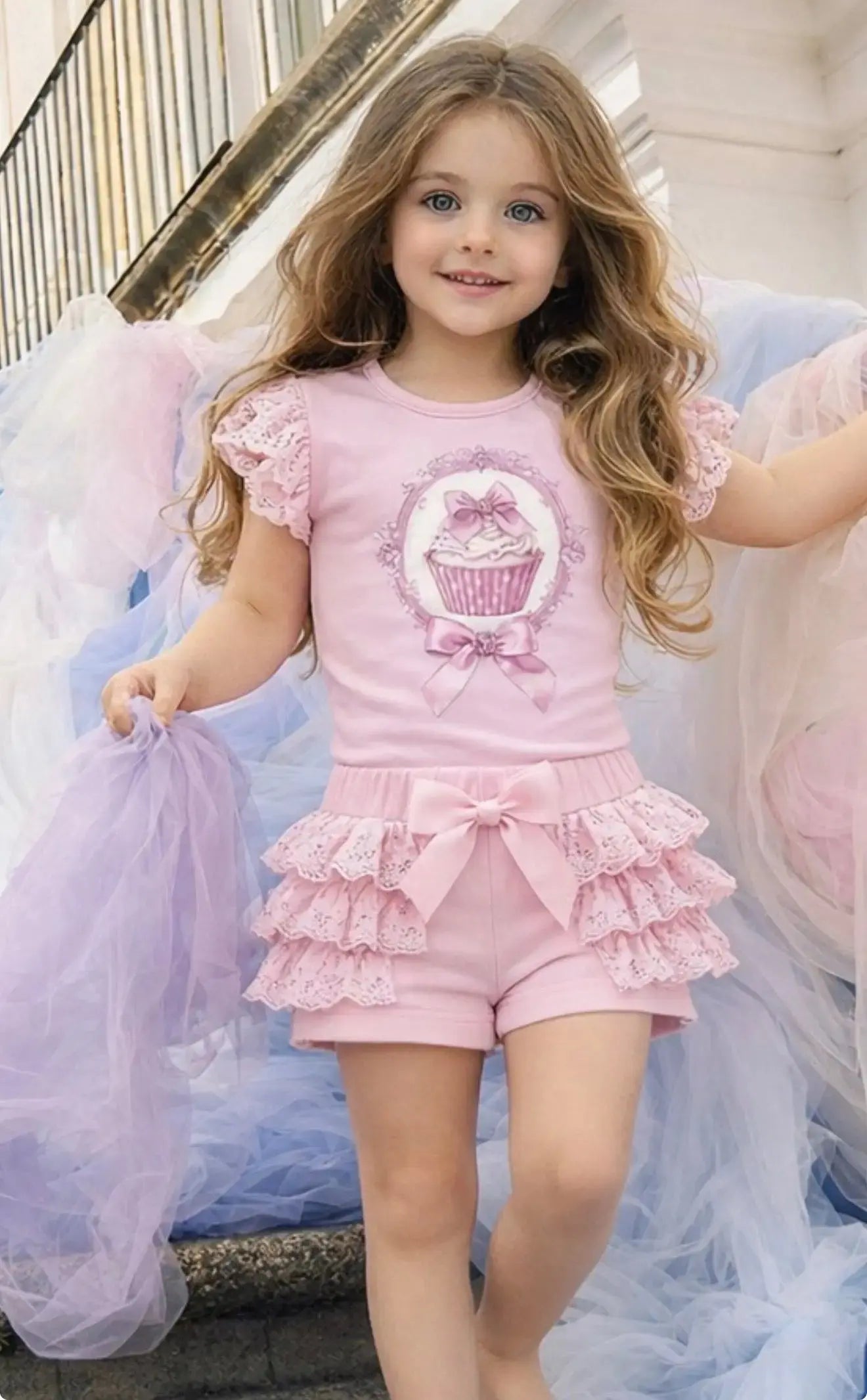 Girls Pink Cupcake Frilly Summer T-Shirt & Short Set Dainty Delilah