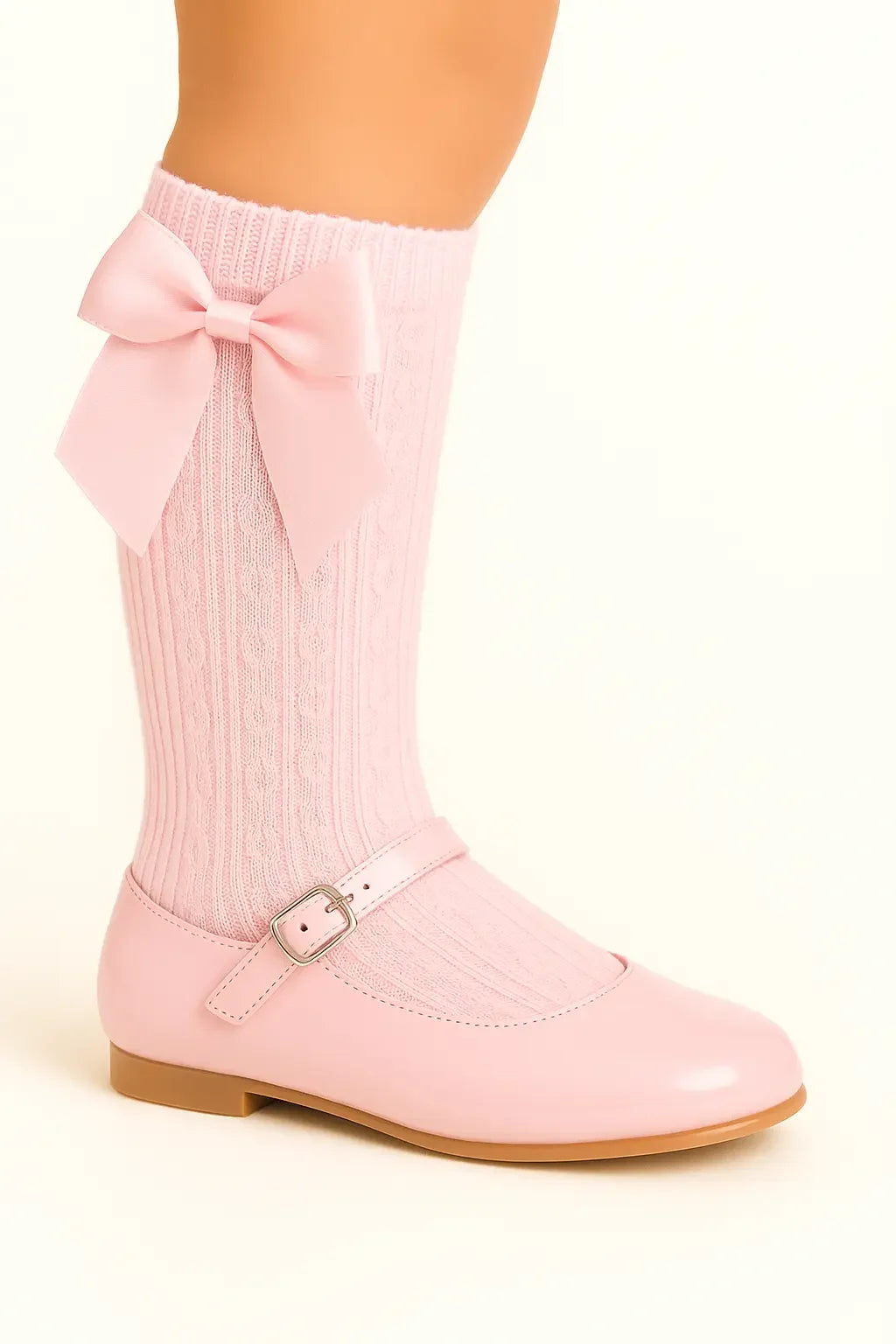 Close-up of a child's leg wearing pink knit knee-high socks with a bow and pink buckle strap shoes