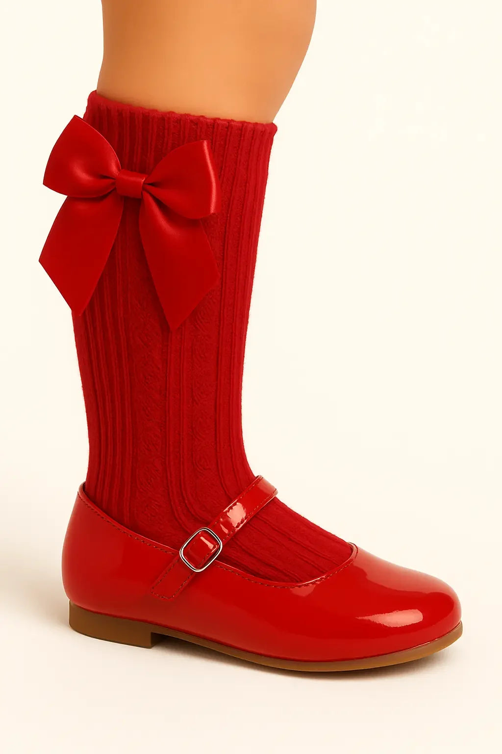 Child's leg wearing red knit socks with large bow and shiny red Mary Jane shoes