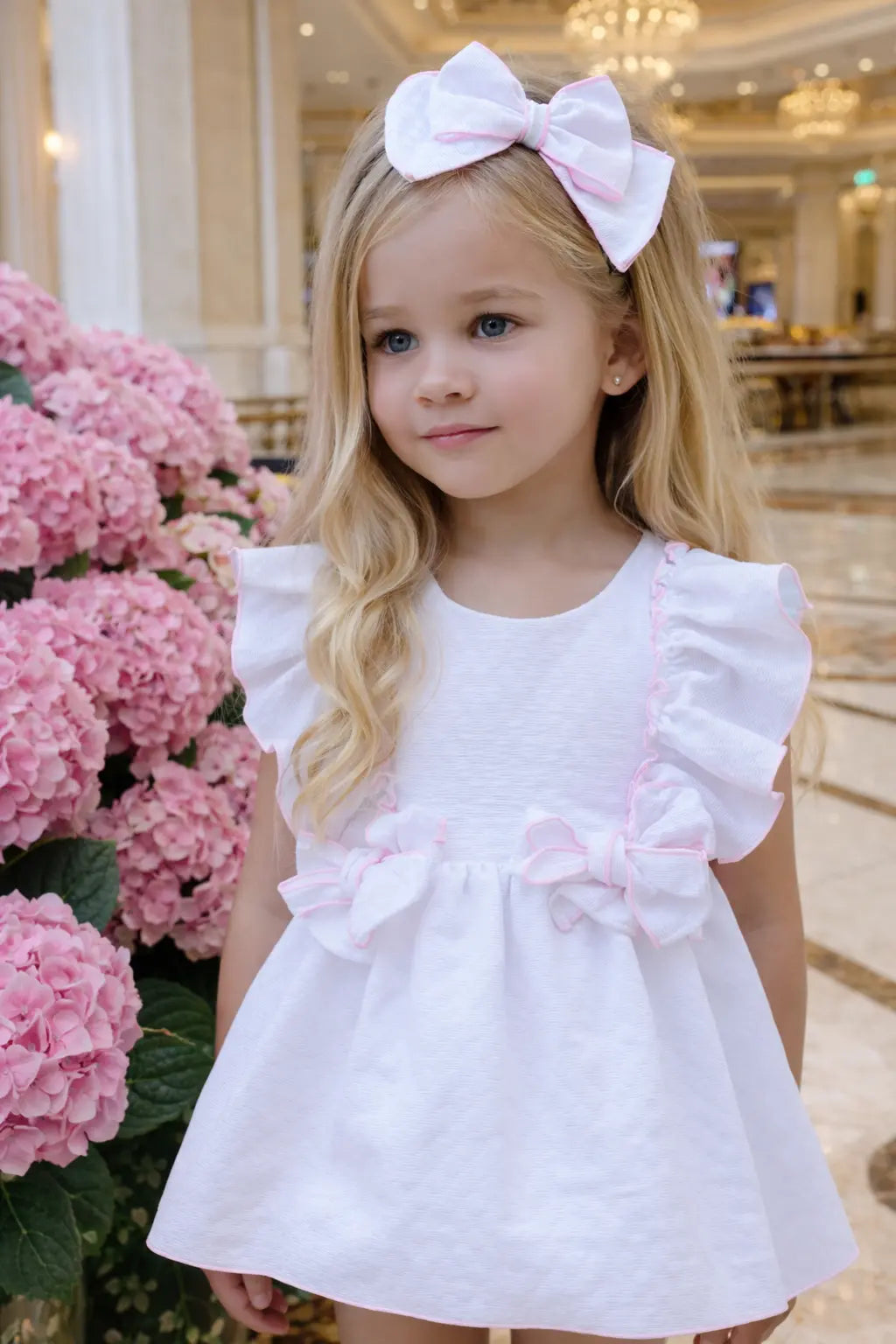 Babine Girls White Pique & Pink Trim Dress Babine