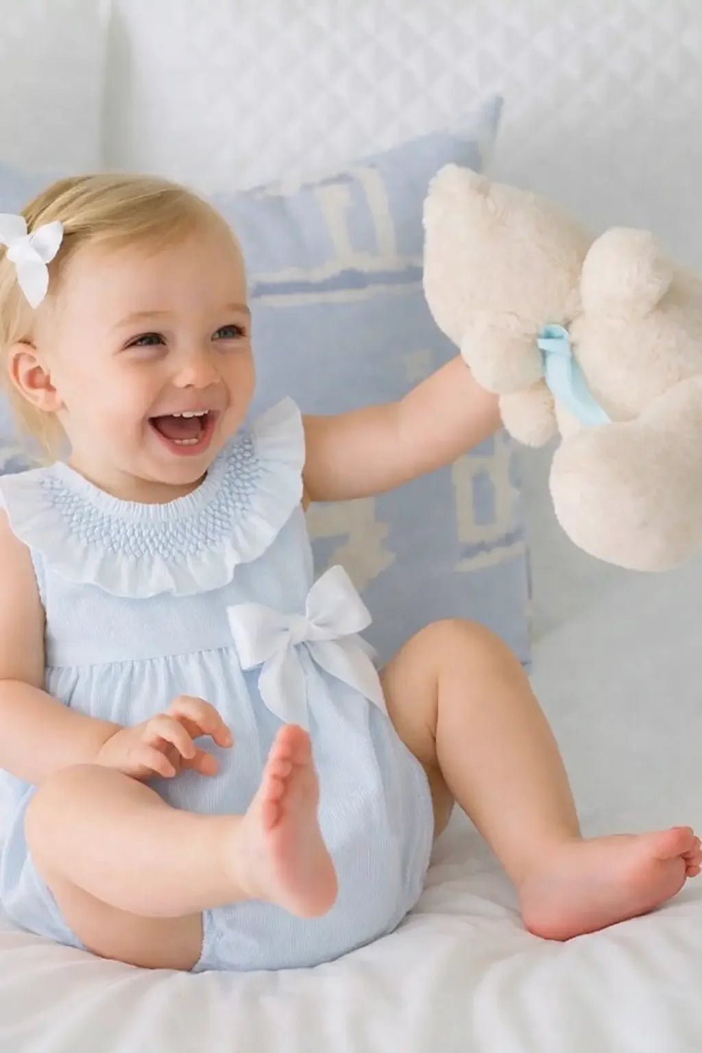 Baby Girls Smock Blue Bow Summer Romper Dainty Delilah