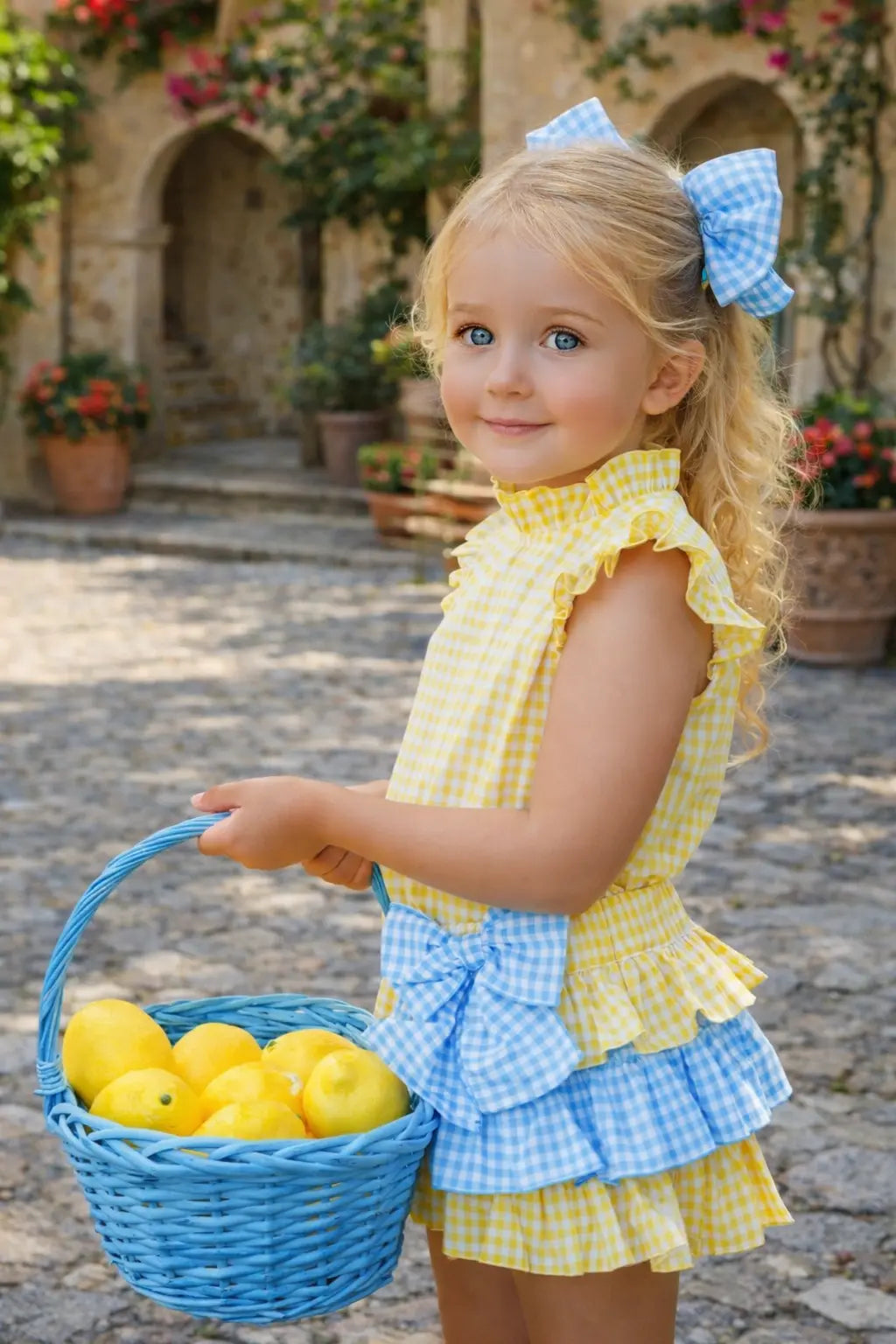 Babine Girls Yellow & Blue Gingham Jam Pant Set Babine