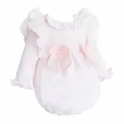 Pink baby romper with ruffled sleeves and flower decorations on chest and arms