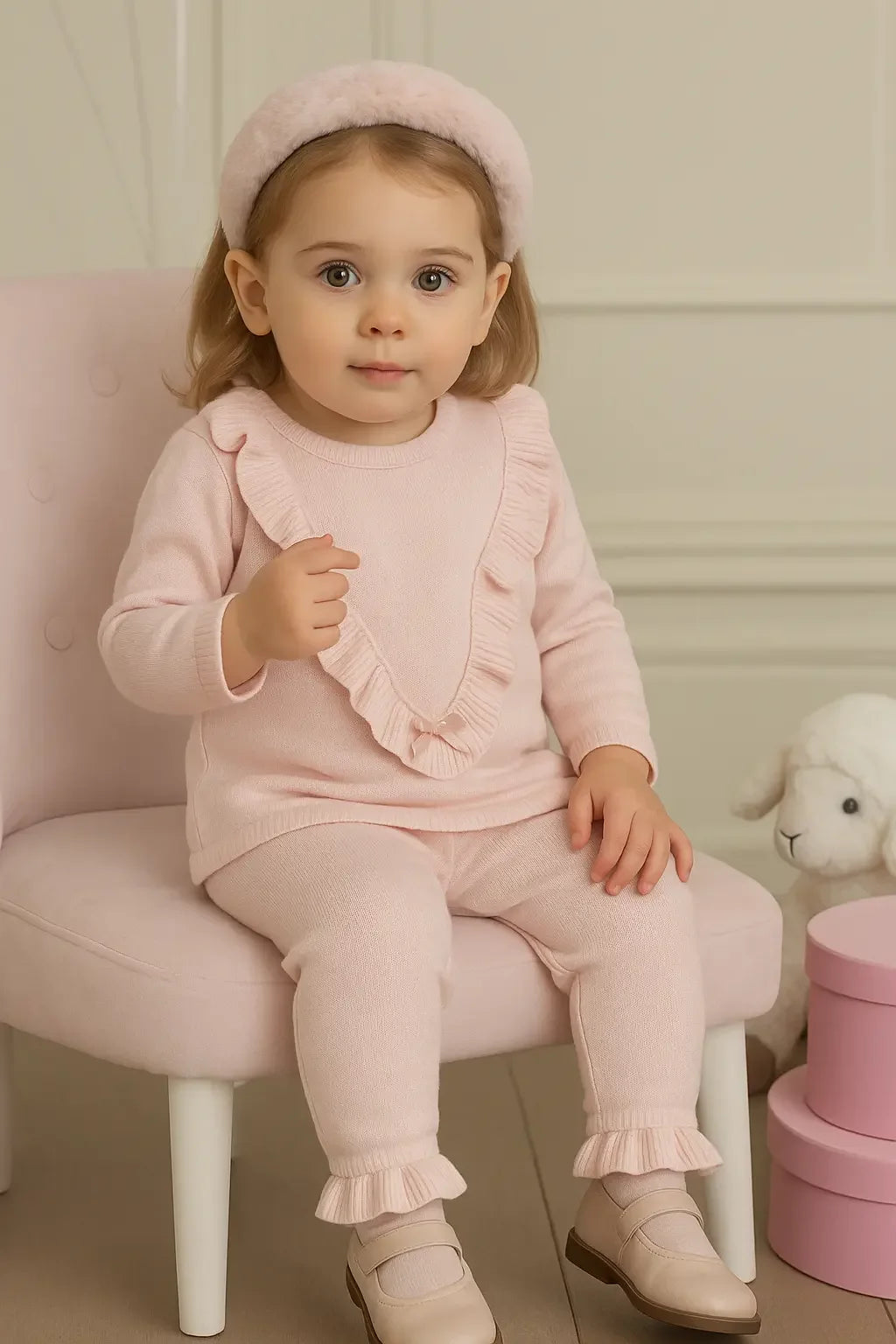 Toddler girl in pink ruffled outfit and headband sitting on pink chair with plush lamb toy