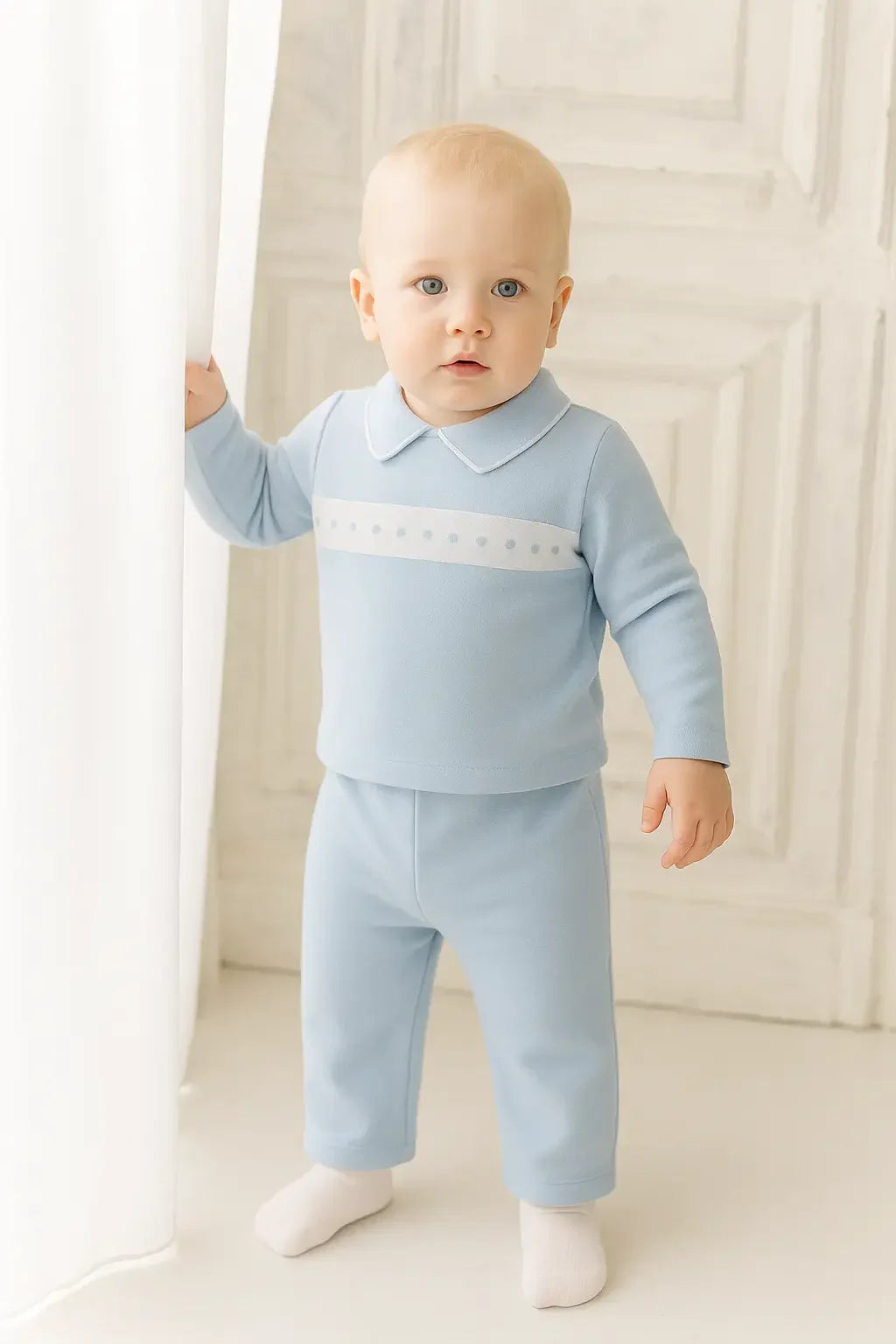 Boys Baby Blue & White Spot Cotton Tracksuit Dainty Delilah