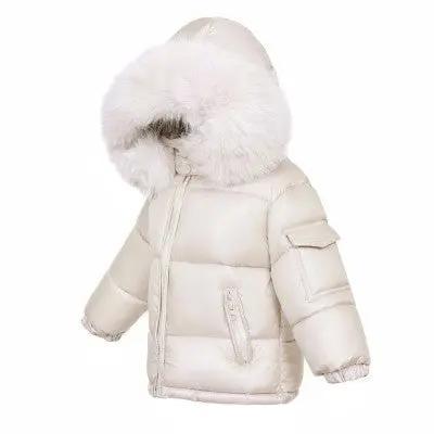 White puffer jacket with large faux fur hood and zippered pockets for kids winter wear