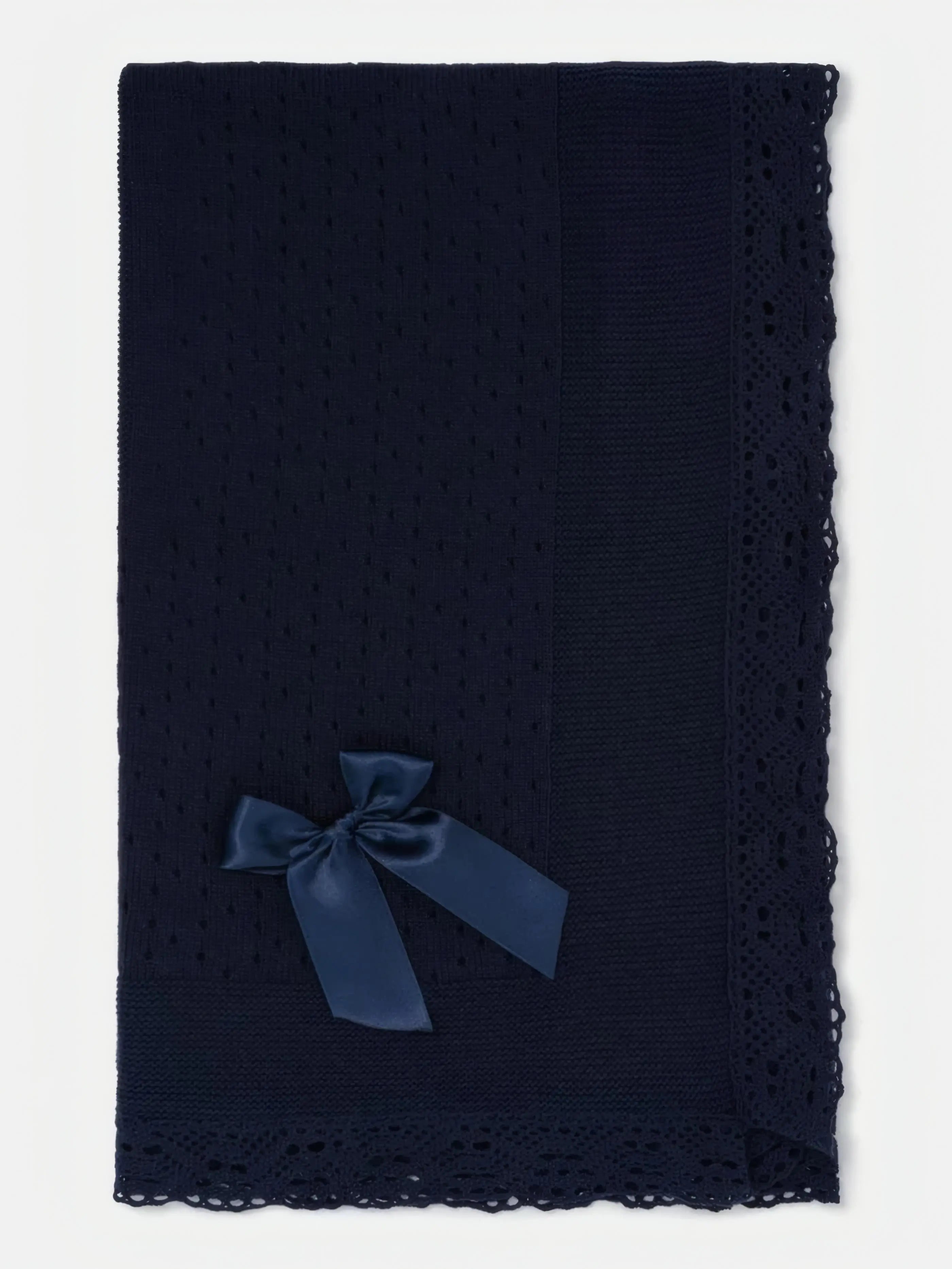 AW26 Baby Open Dot Knitted Spanish Blanket with Bow - Navy Blue Dainty Delilah