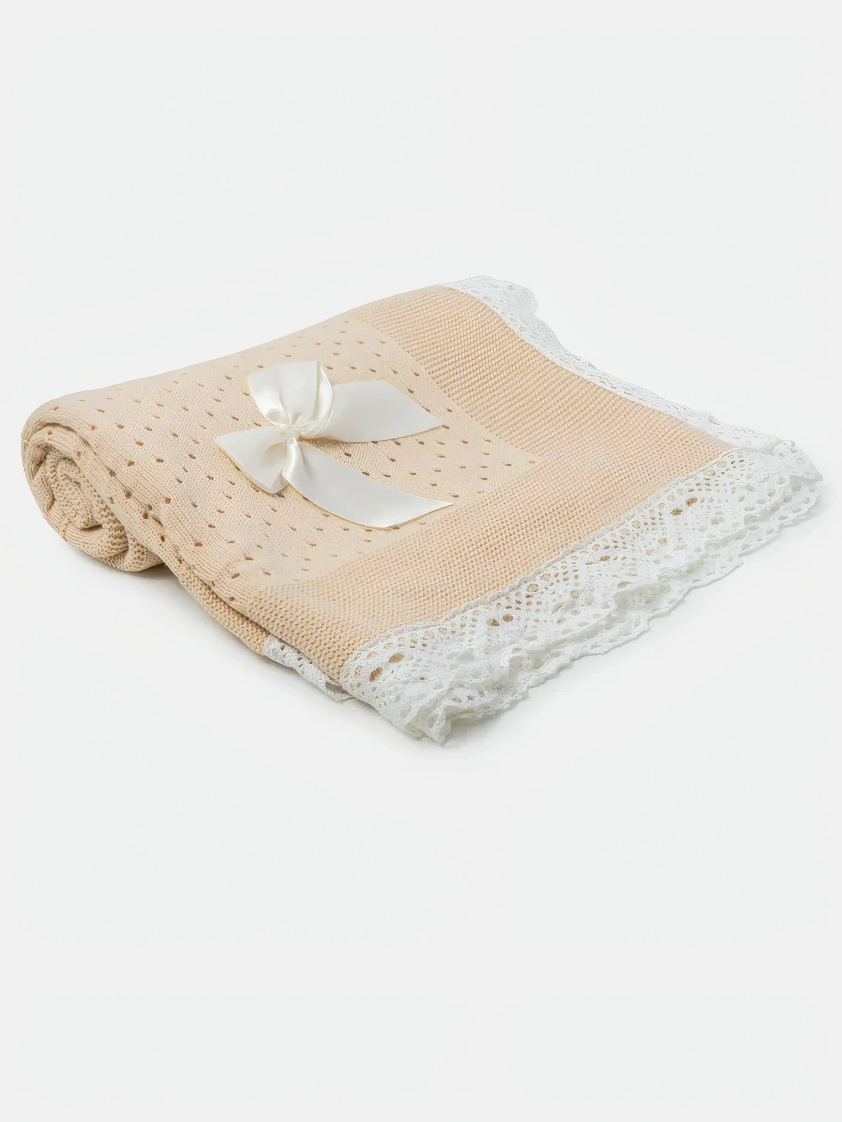 AW26 Baby Open Dot Knitted Spanish Blanket with Bow - Beige & Ivory Dainty Delilah