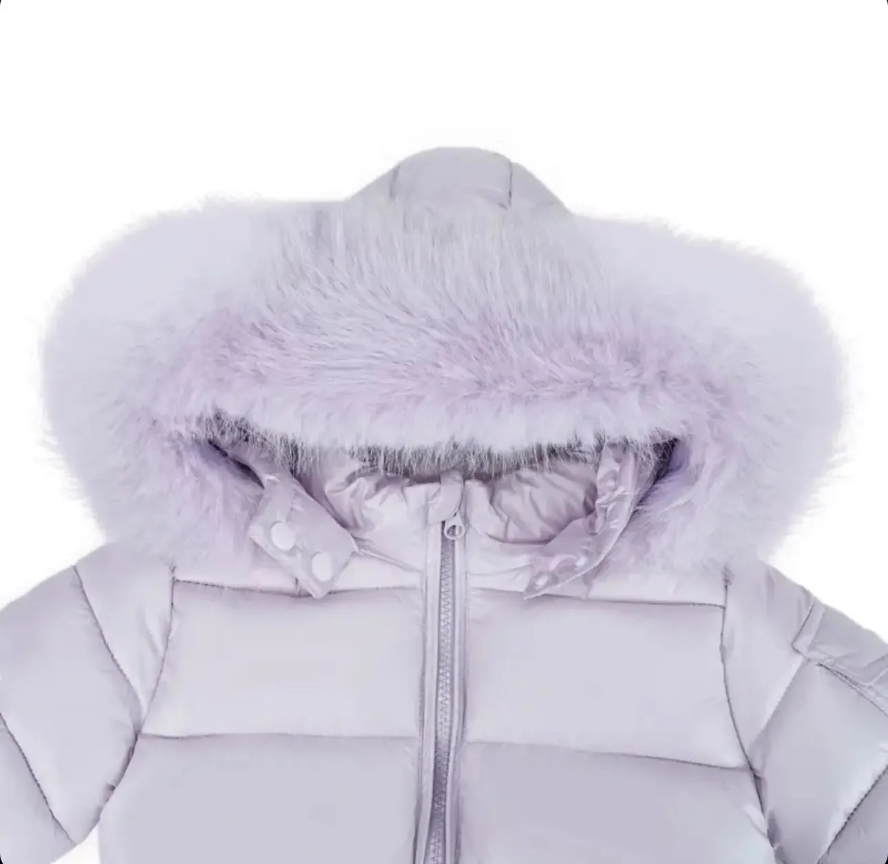 Light purple padded winter jacket with fluffy fur-trimmed hood and front zipper