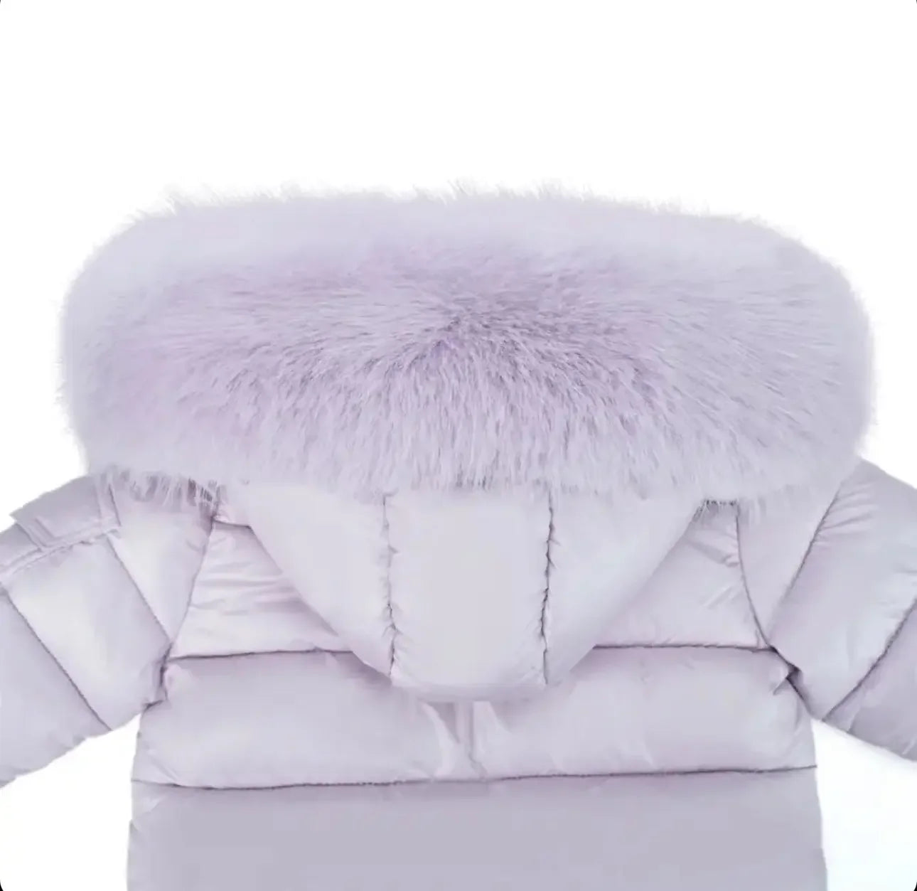Back view of light lavender puffer jacket with plush fur-trimmed hood and quilted sleeves