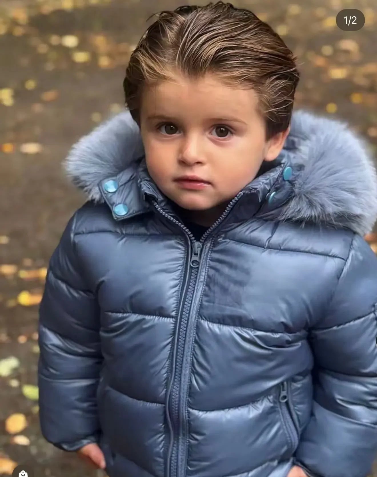 Young child wearing shiny blue puffer jacket with fur hood outdoors in autumn