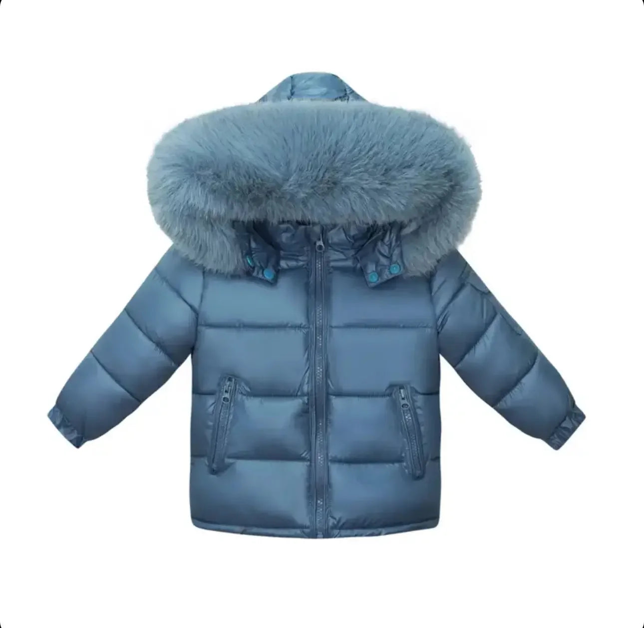 Blue puffer winter jacket with large fur-lined hood and front zip pockets