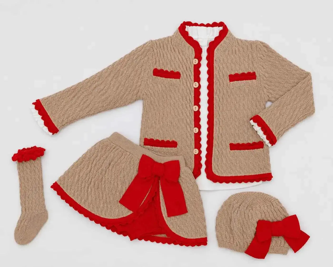 Rahigo AW26 Camel & Red Knit Skirt Set with Cardigan, Beret & Socks