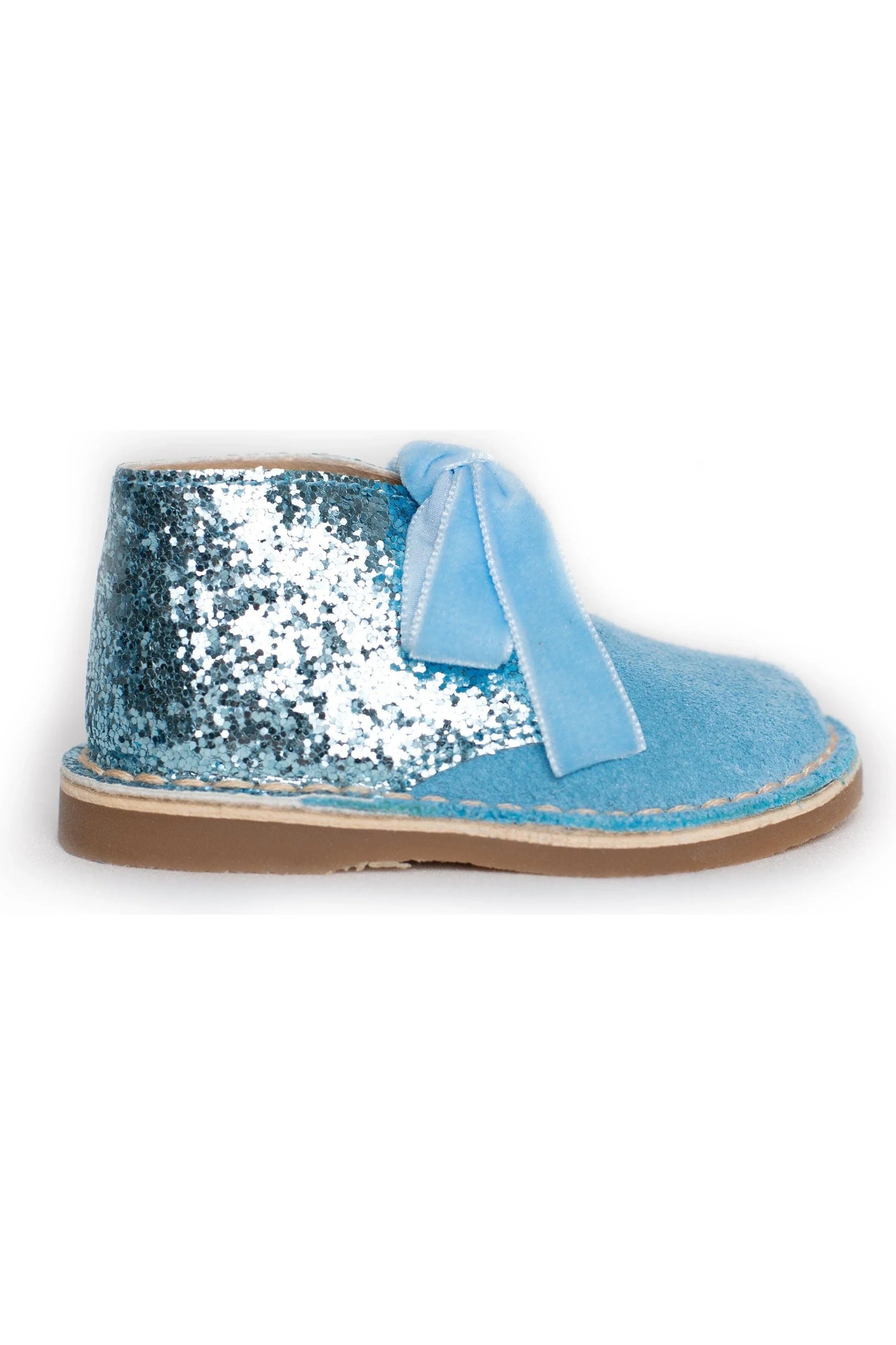 Blue glitter kids' boot with suede front and soft blue bow detail