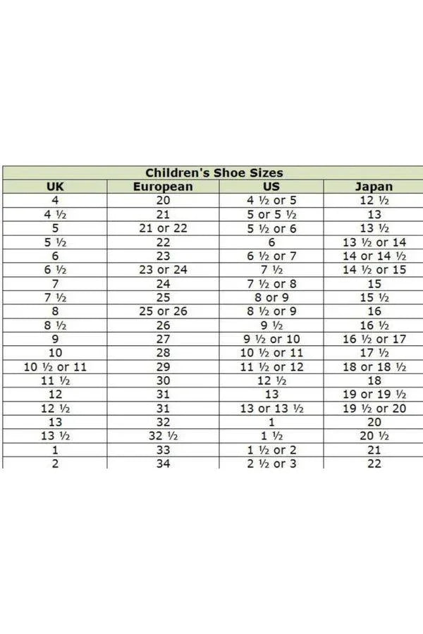 Children's shoe size conversion chart between UK, European, US, and Japan sizes in a clear table format