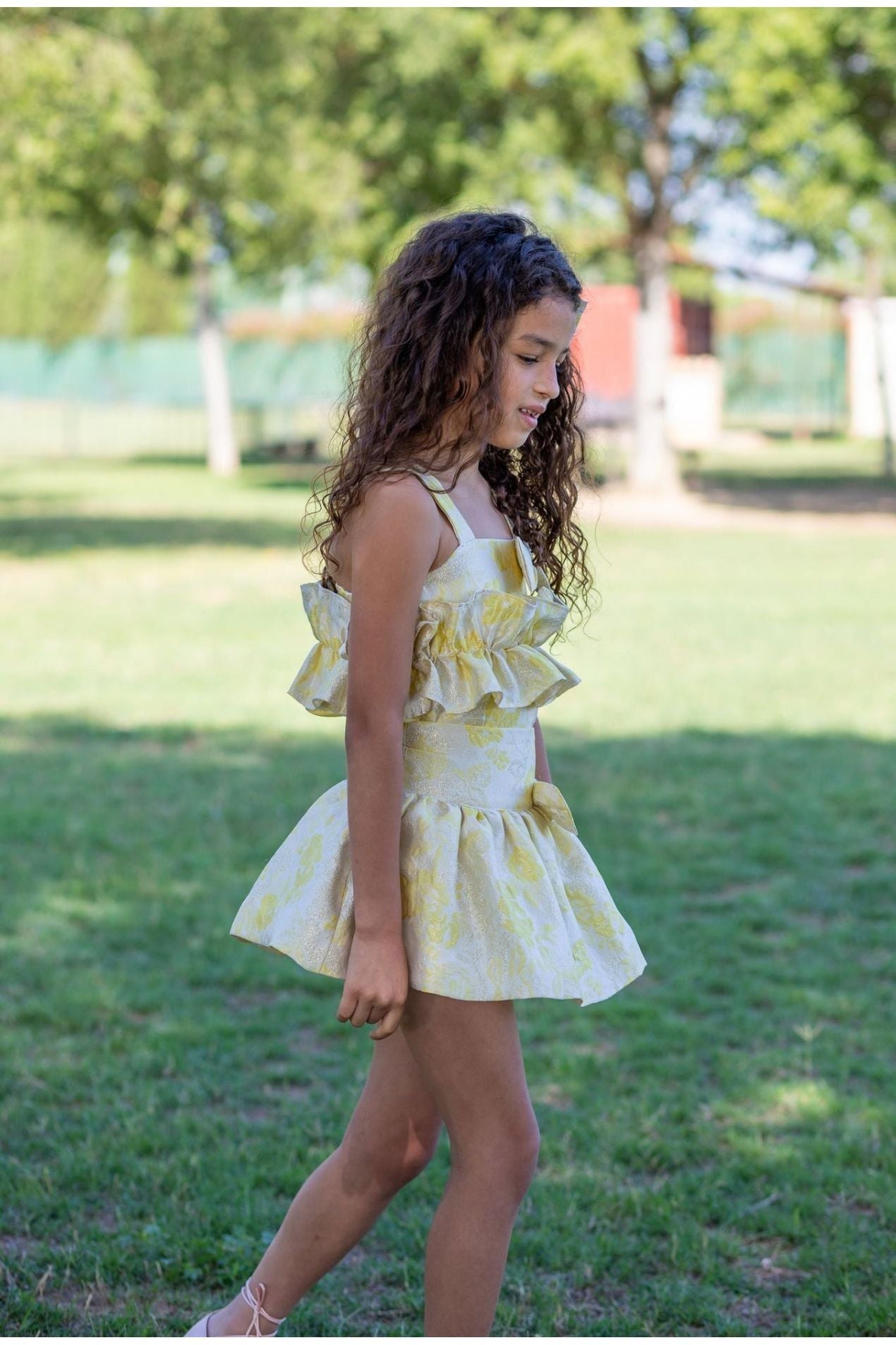 SS24 Naxos Girls Lemon Damask Ruffle Skirt Set Dainty Delilah 