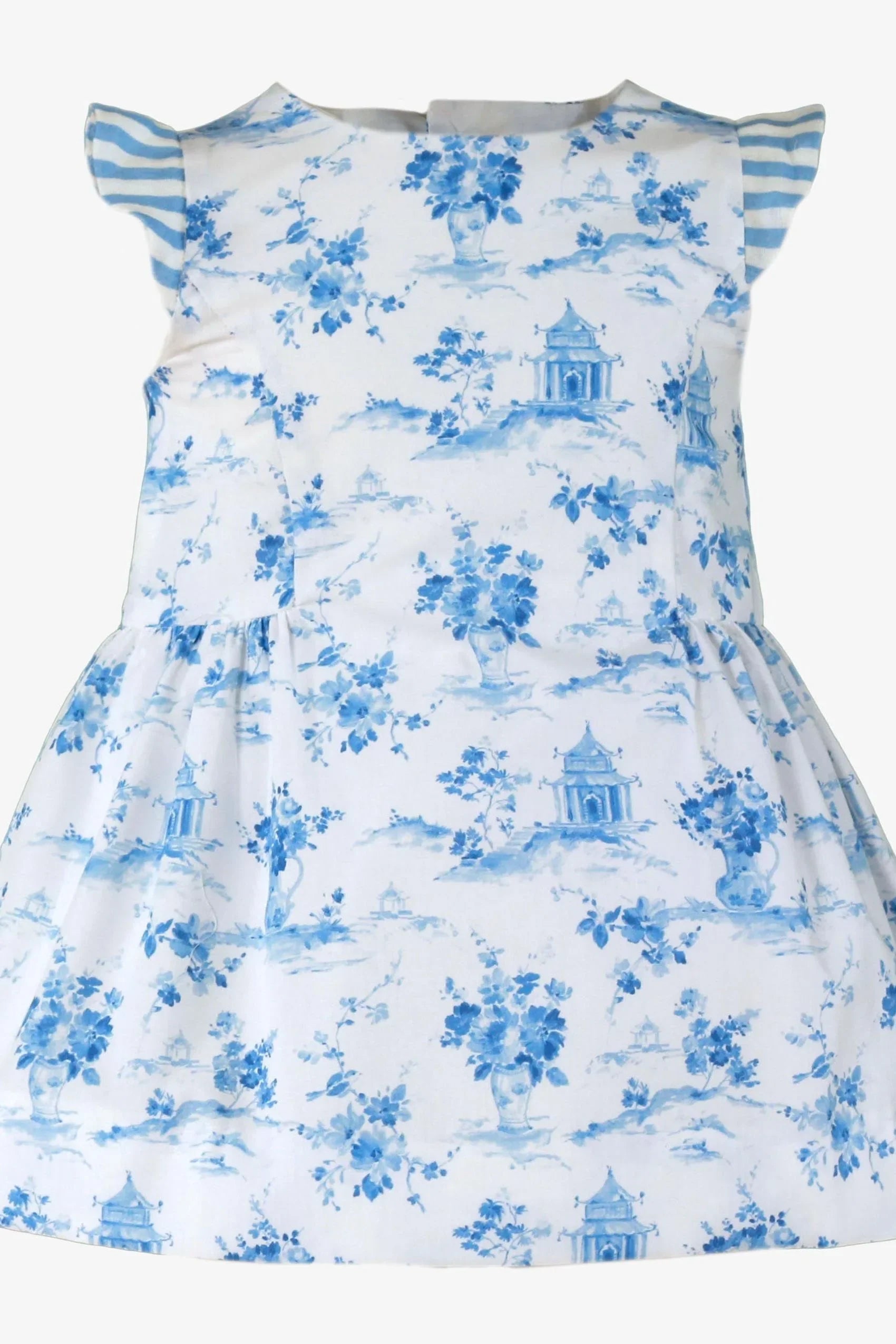 Baby girls blue toile dress with floral and pagoda prints and striped ruffle sleeves
