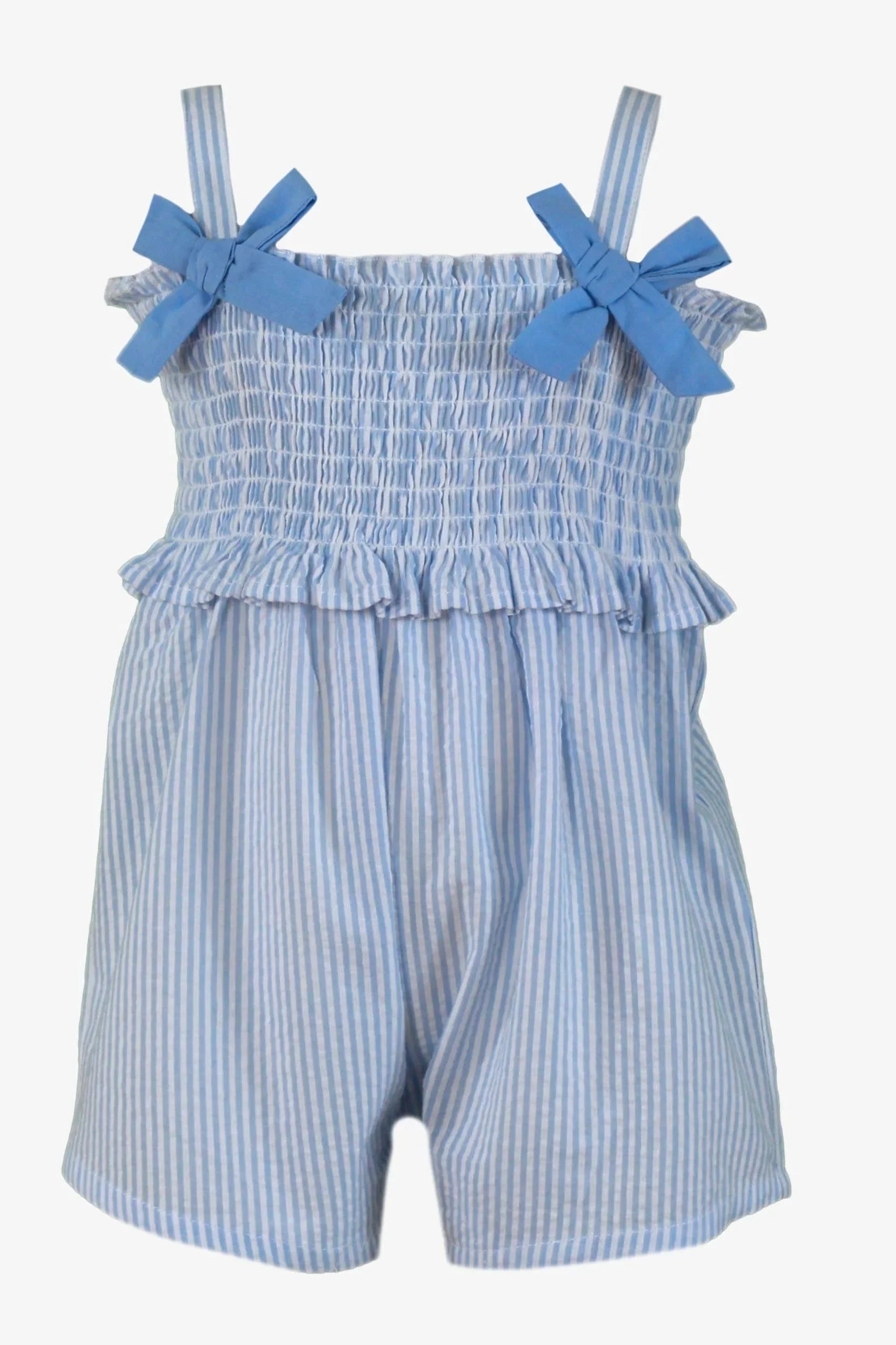 Baby girls' blue and white striped romper with smocked bodice and blue bow shoulder straps