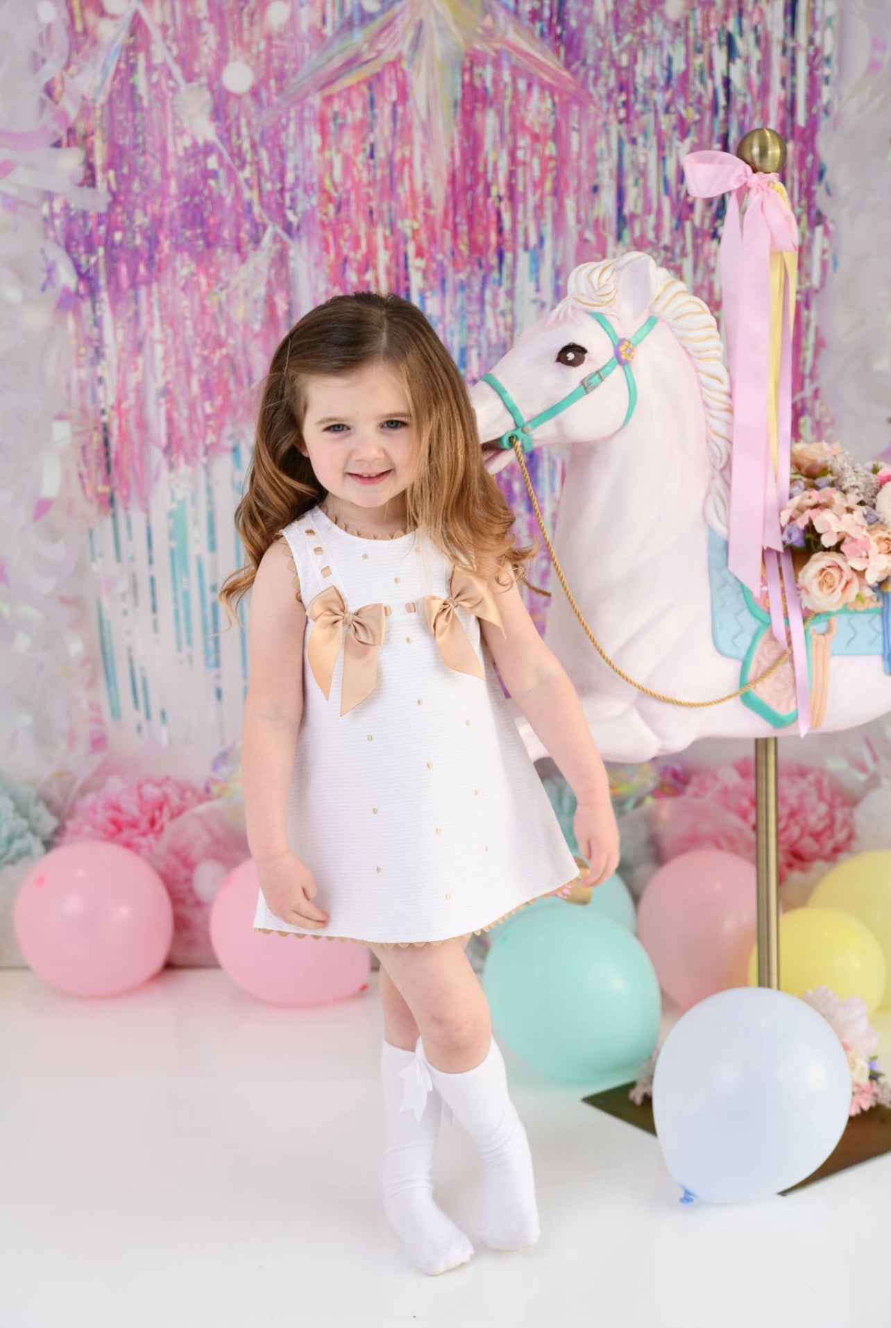 SS24 Baby Girls White & Camel A Line Dress Dainty Delilah