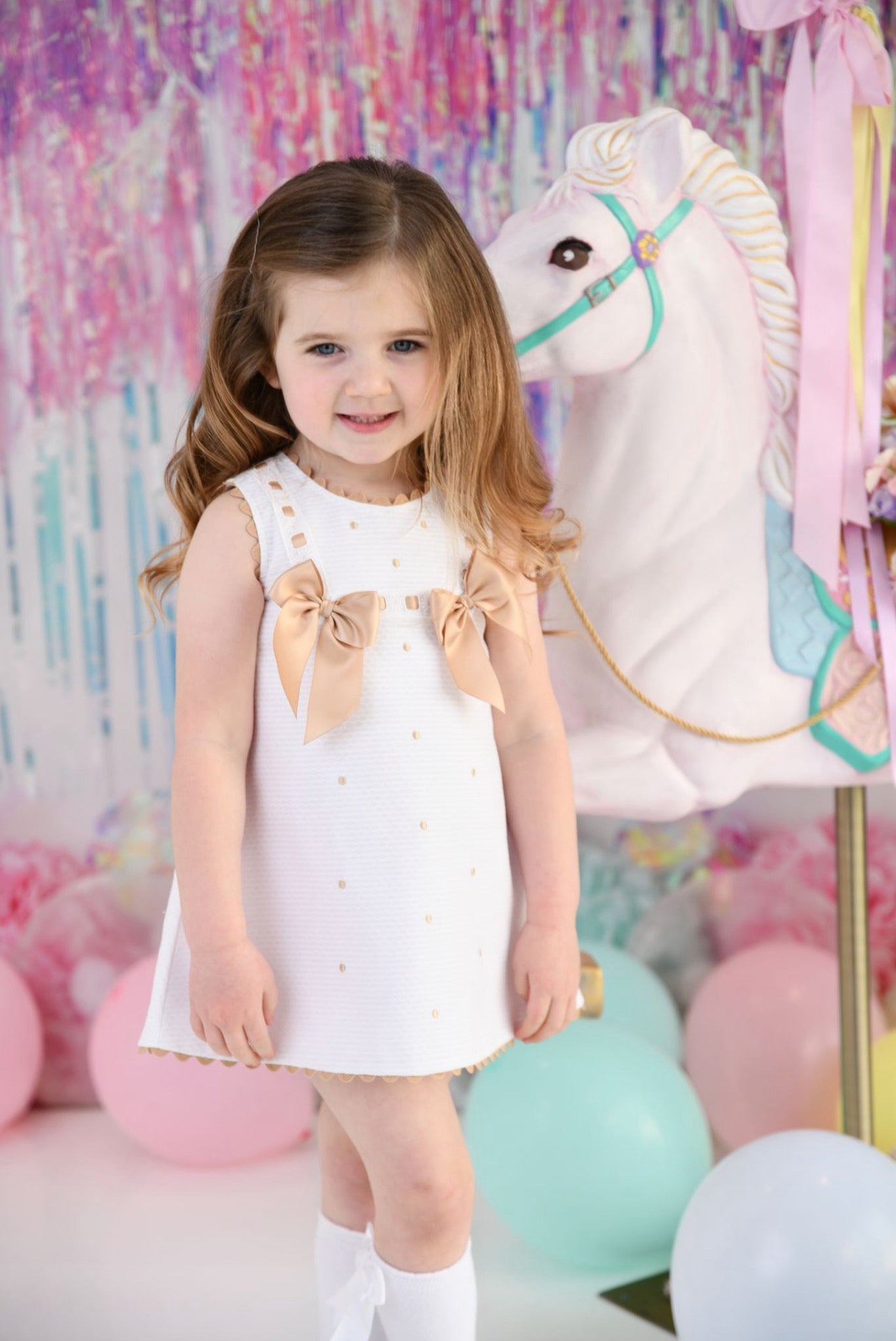 SS24 Baby Girls White & Camel A Line Dress Dainty Delilah