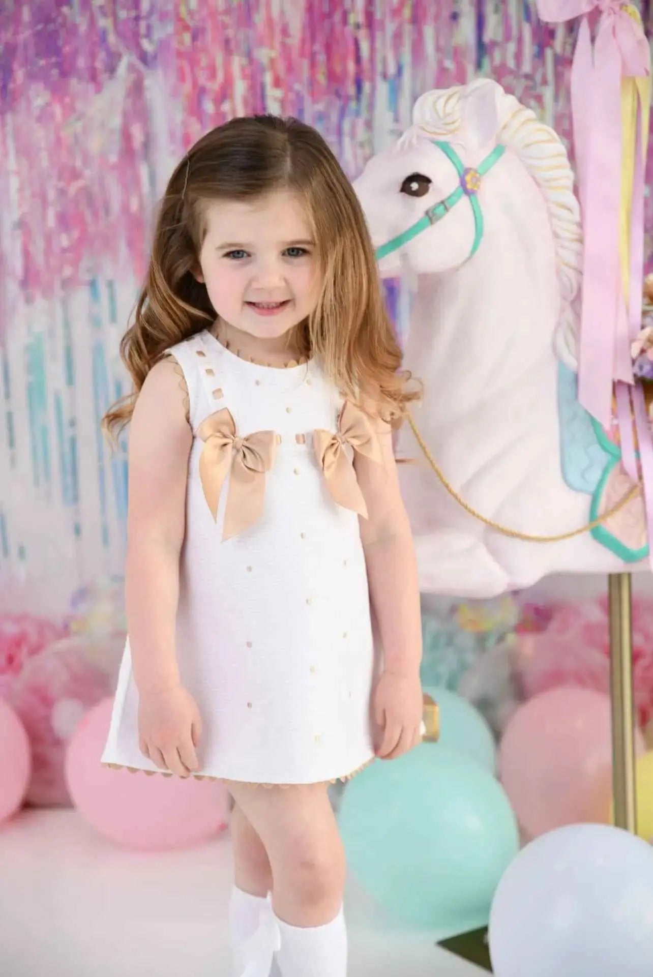 SS26 Baby Girls White & Camel A Line Dress