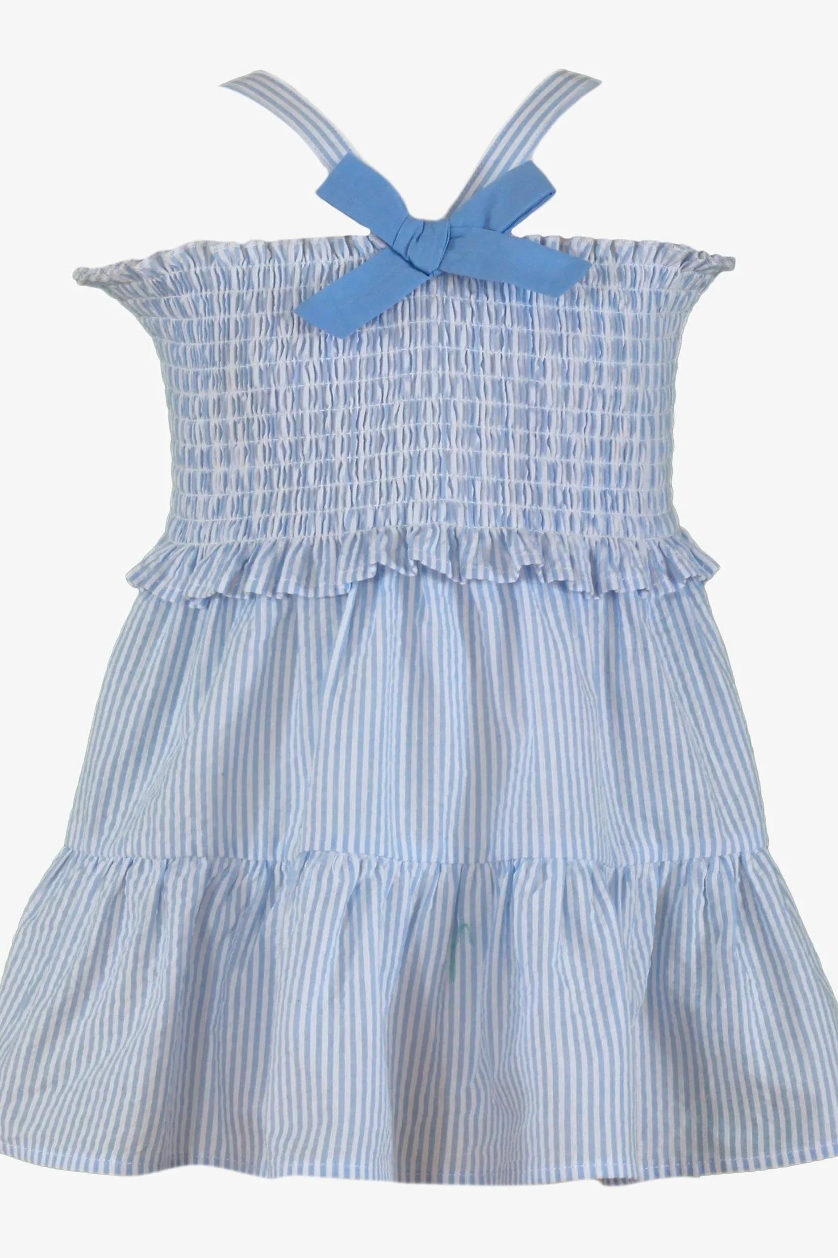 Girls light blue and white striped sundress with smocked bodice and bow straps