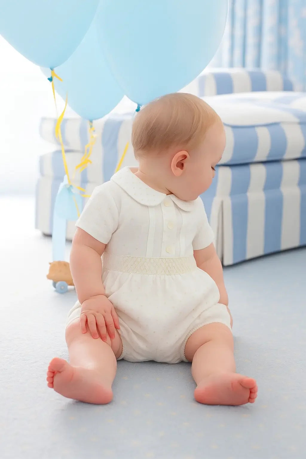 Baby boy wearing white romper sitting on blue carpet with light blue balloons and striped sofa