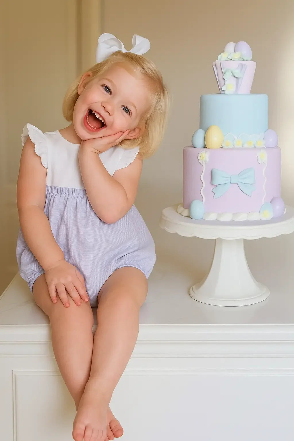 Happy toddler girl in lilac ruffle romper next to pastel Easter-themed cake on white stand