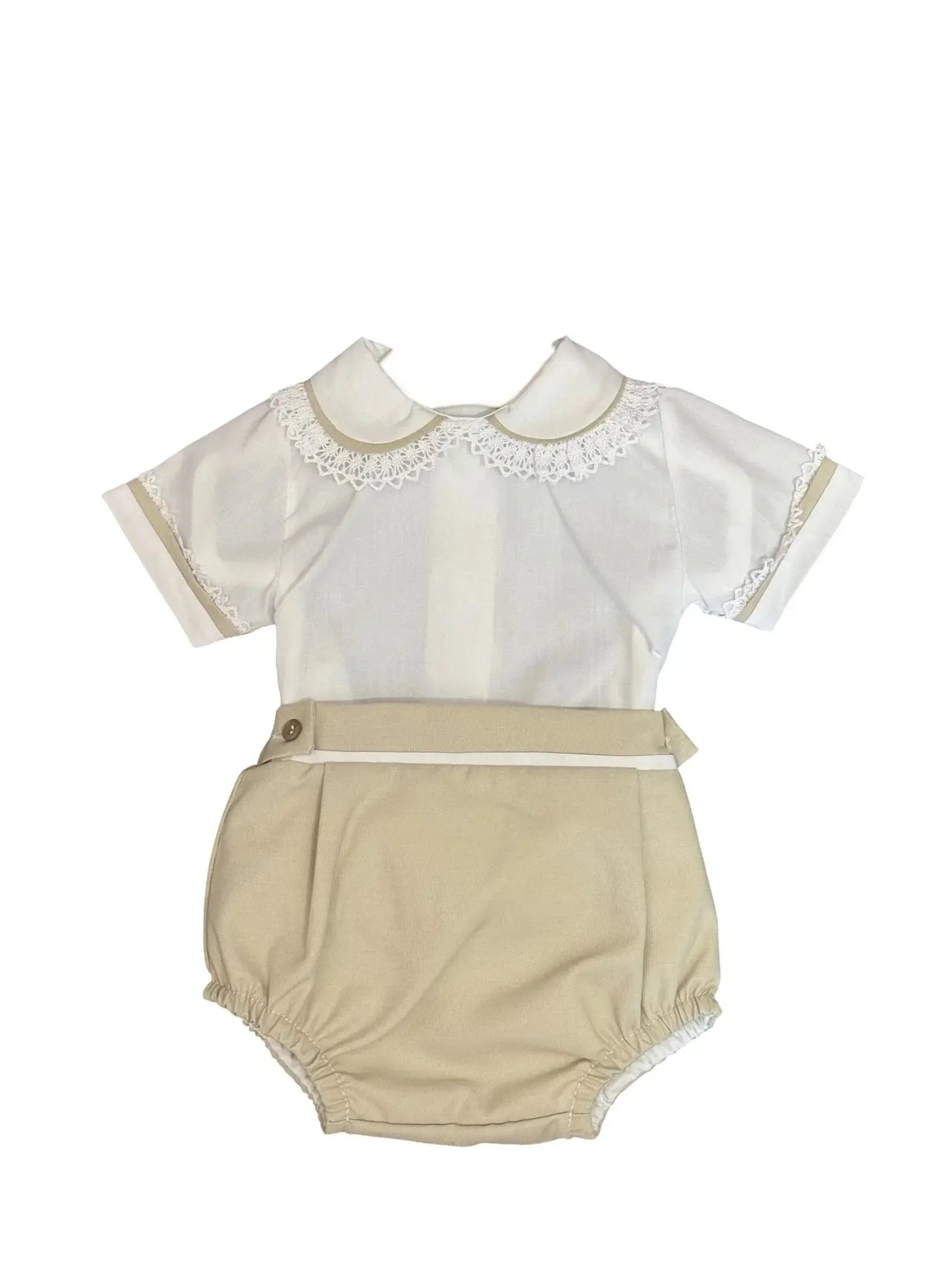 Baby girl romper with white lace collar and beige shorts, short sleeves with lace trim