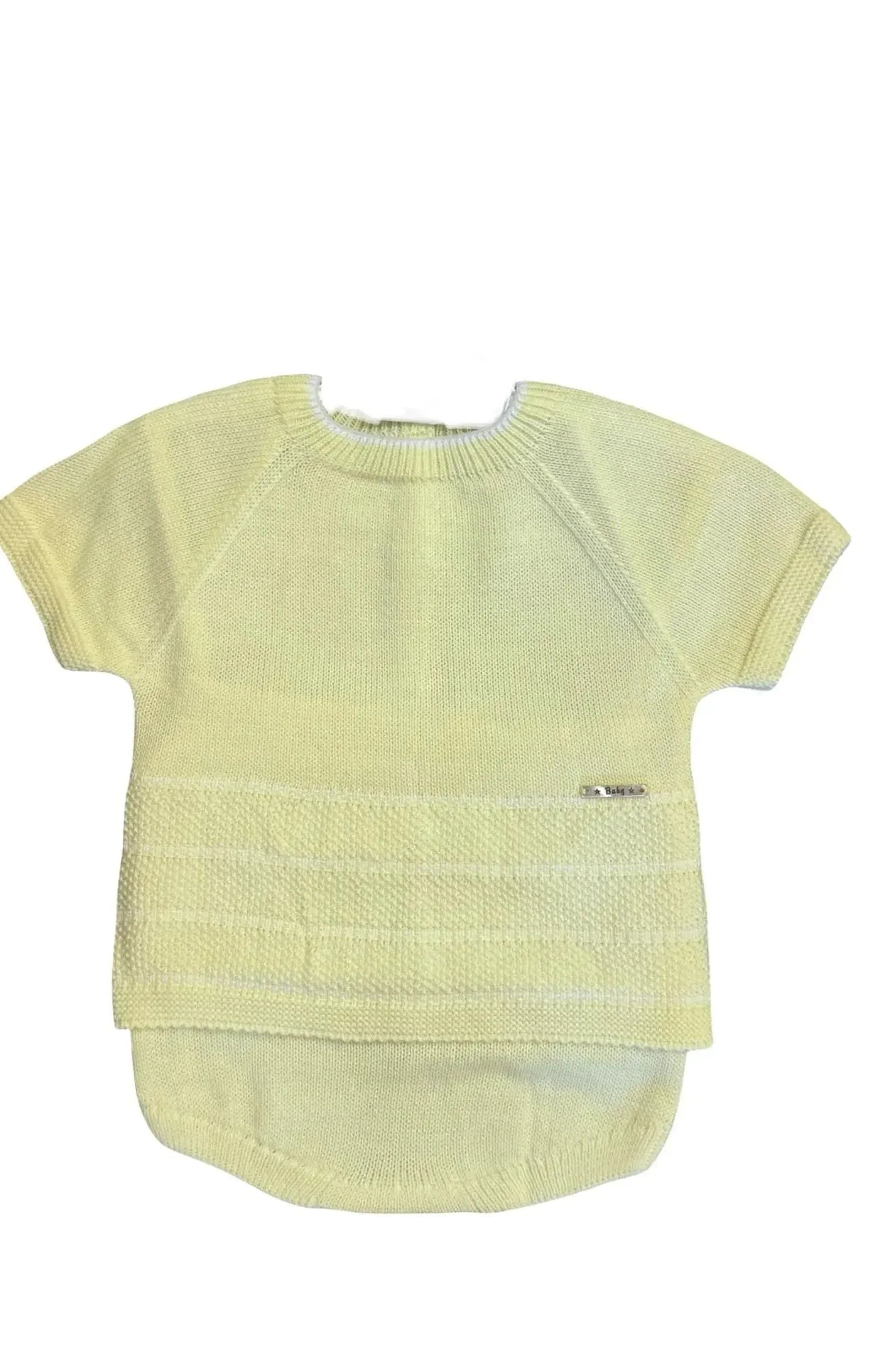 Lemon yellow knitted baby jam pant set with short sleeves and textured pattern