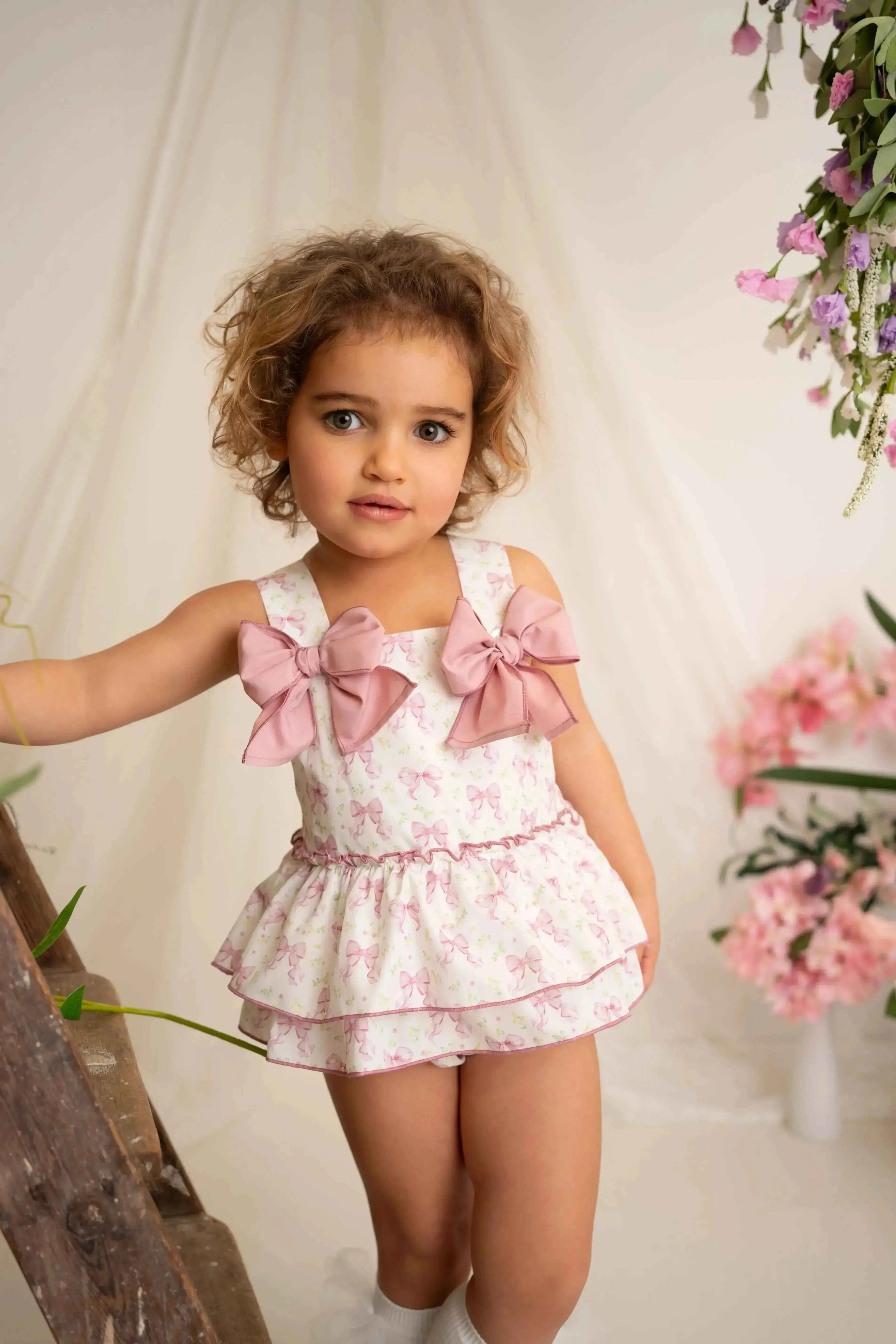 SS26 Babine Baby Girls Ditsy Bow Romper & Bonnet