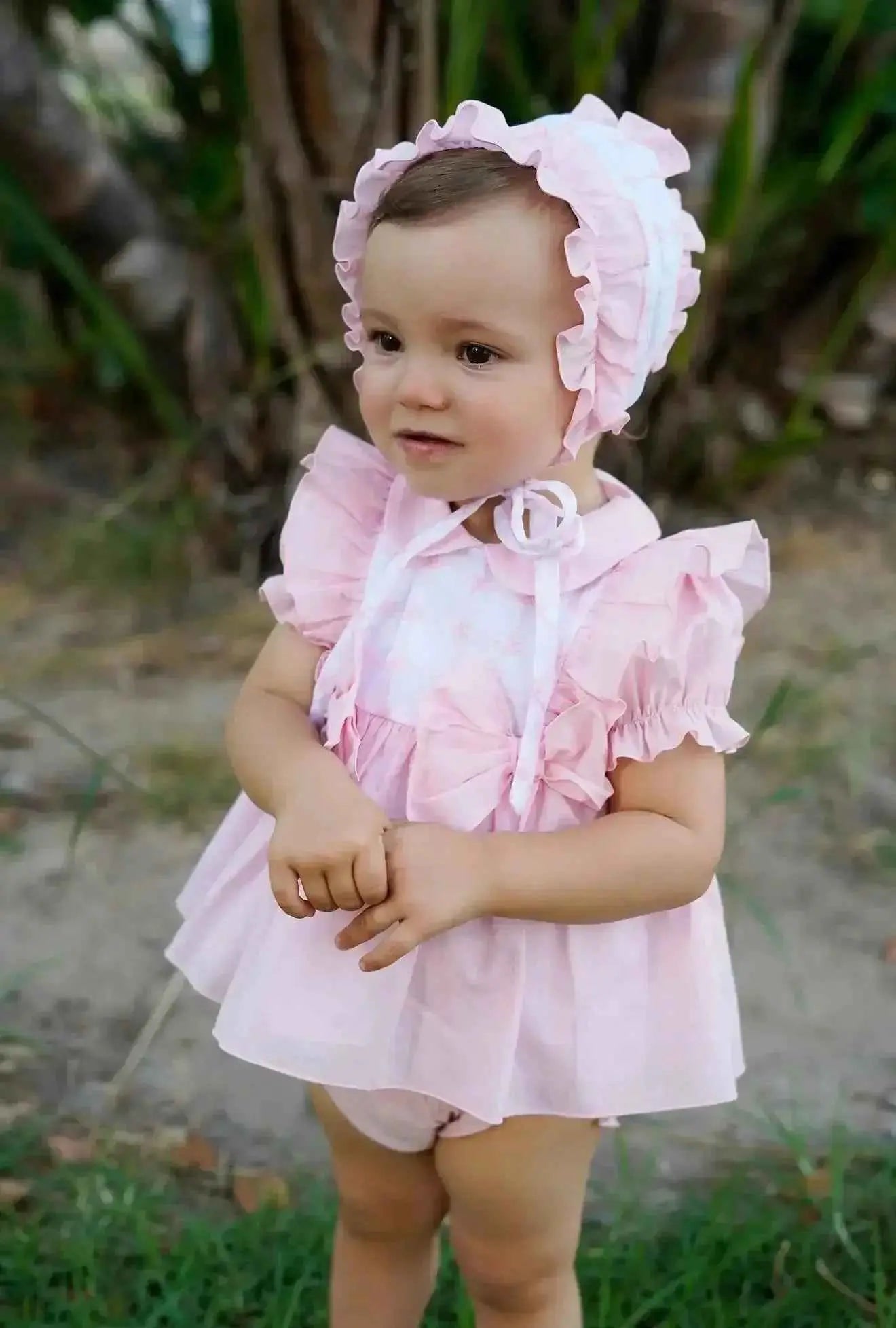 SS26 Babine Baby Girls Pink Dress & Bonnet Set