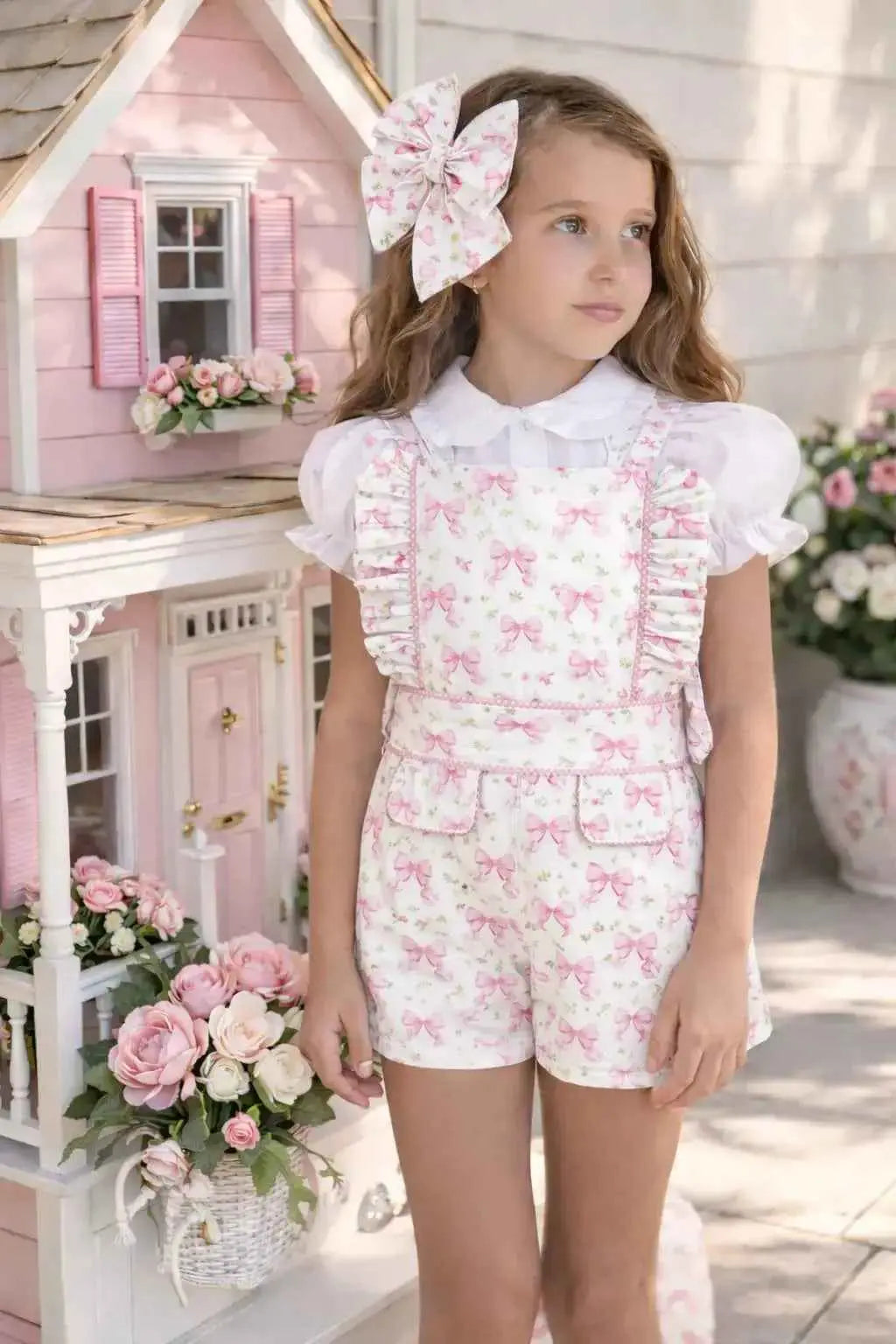 SS26 Babine Girls Ditsy Bow Shirt Pinafore Playsuit