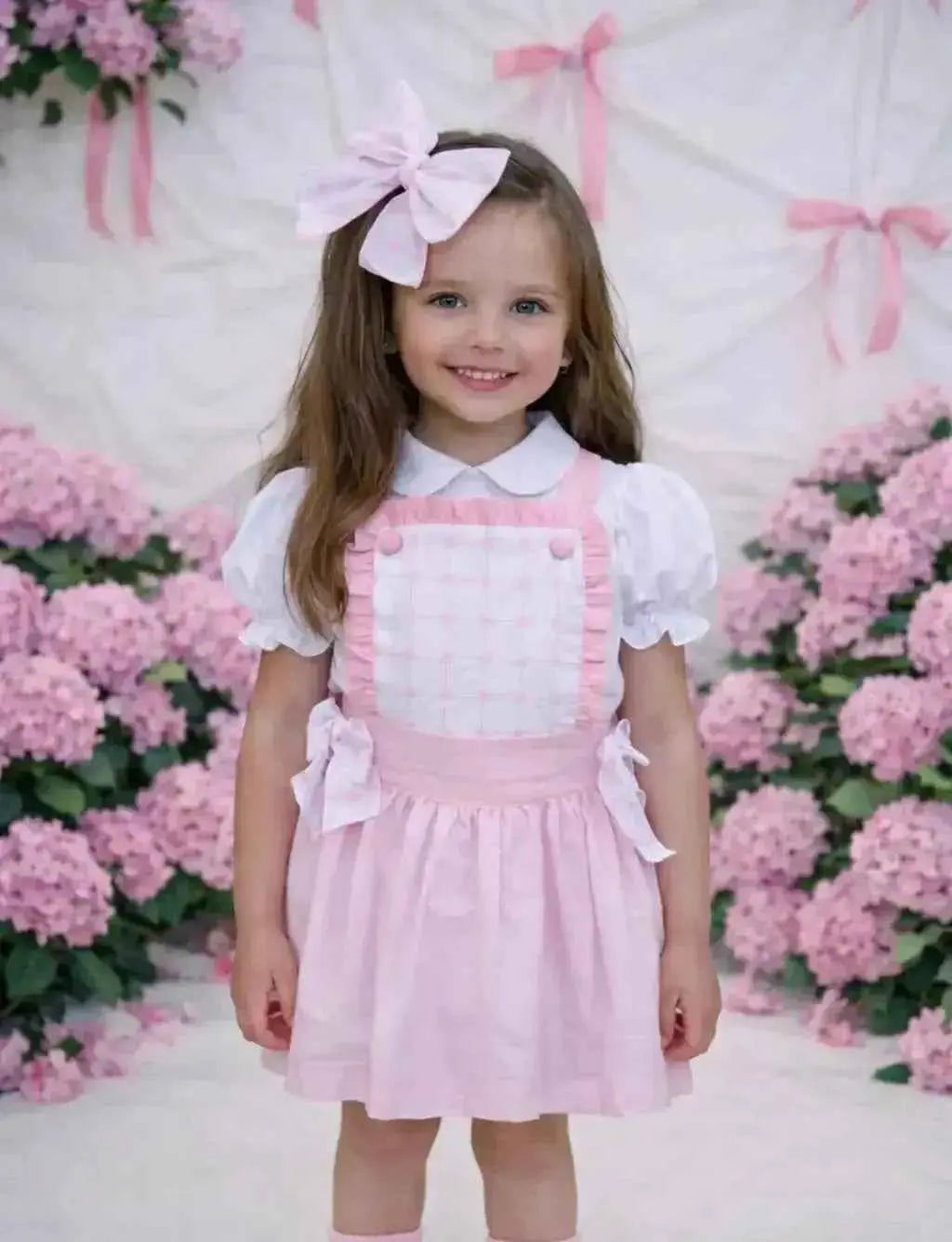 SS26 Babine Girls Pink Pinafore Shirt, Dress & Hairbow