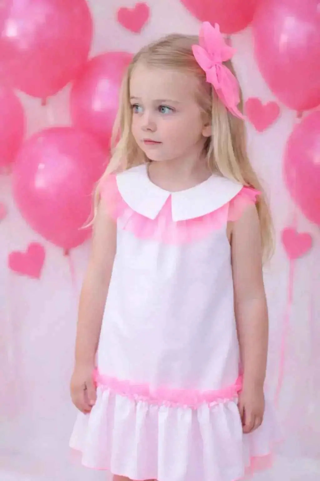 SS26 Babine Girls White Pique / Hot Pink Tulle Dress
