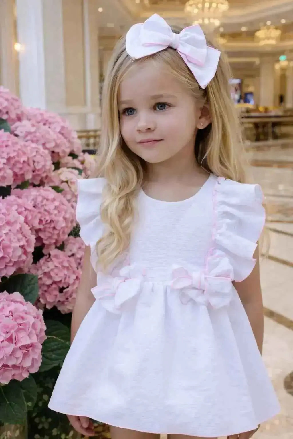 SS26 Babine Girls White Pique & Pink Trim Dress & Hairbow