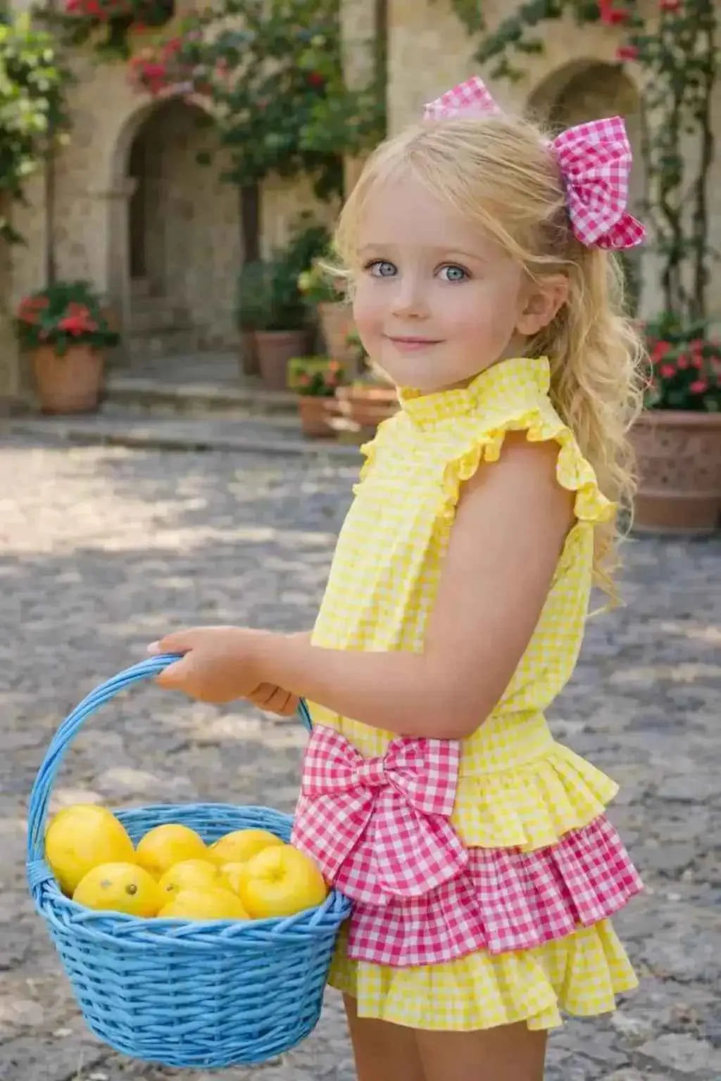 SS26 Babine Girls Yellow & Pink Gingham Jam Pant Set