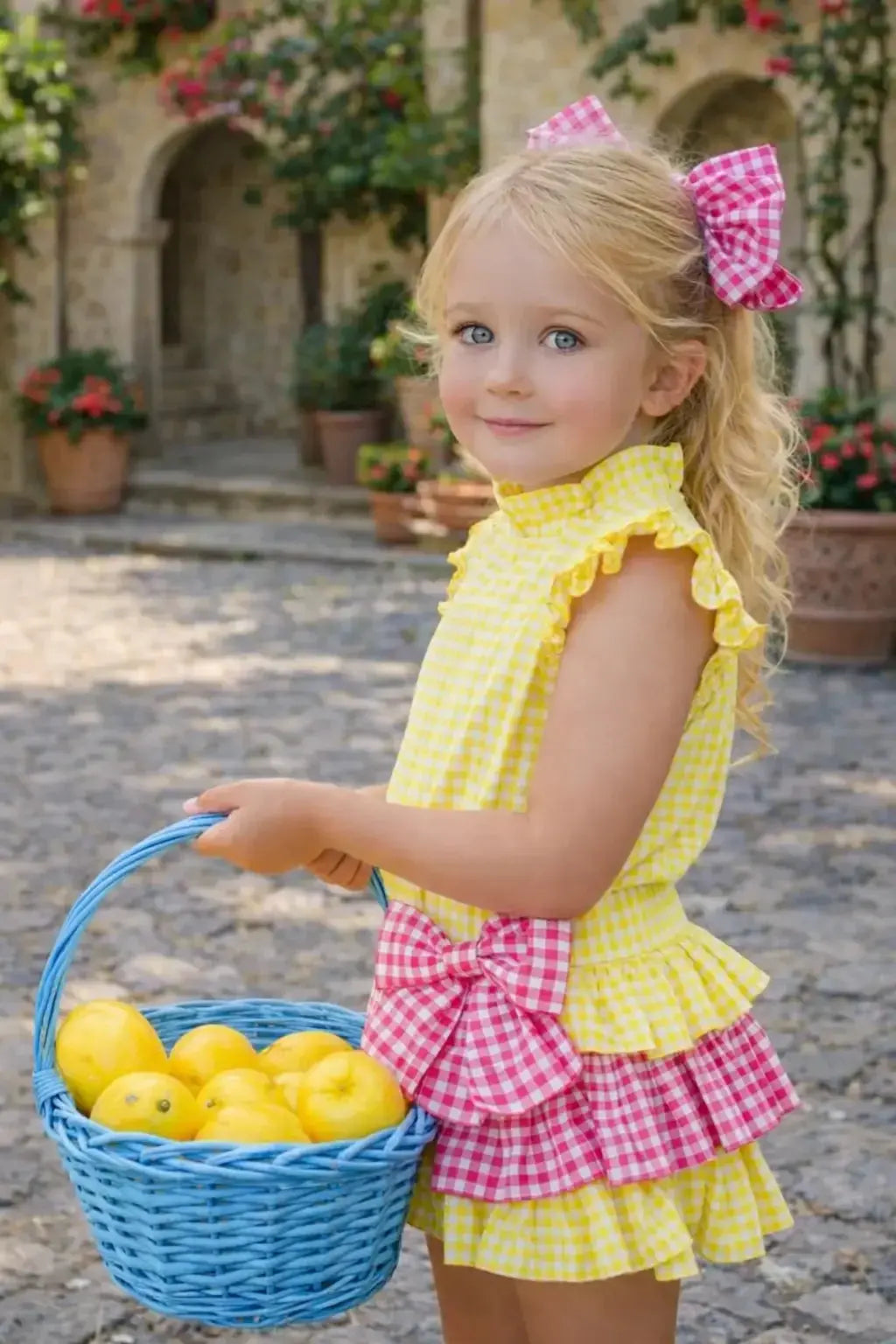 Babine Girls Yellow & Pink Gingham Jam Pant Set Babine